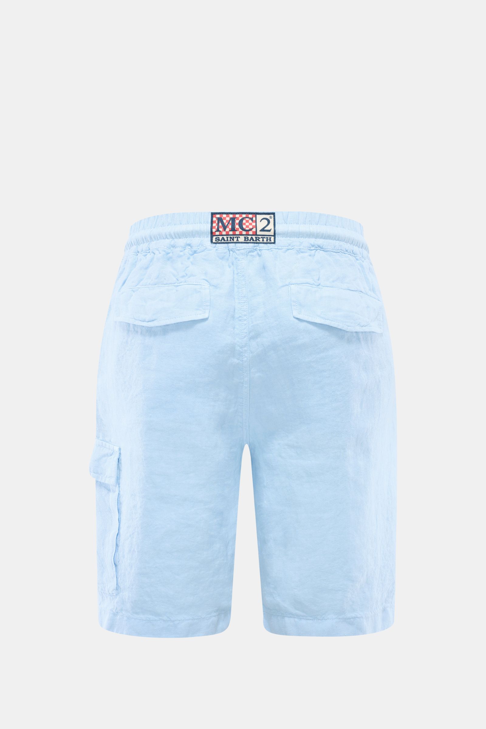 MC2 Saint Barth Leinen Cargo-Shorts 'Marseille' hellblau, Rückansicht mit elastischem Bund, Cargo- und Gesäßtaschen sowie markantem Weblabel.
