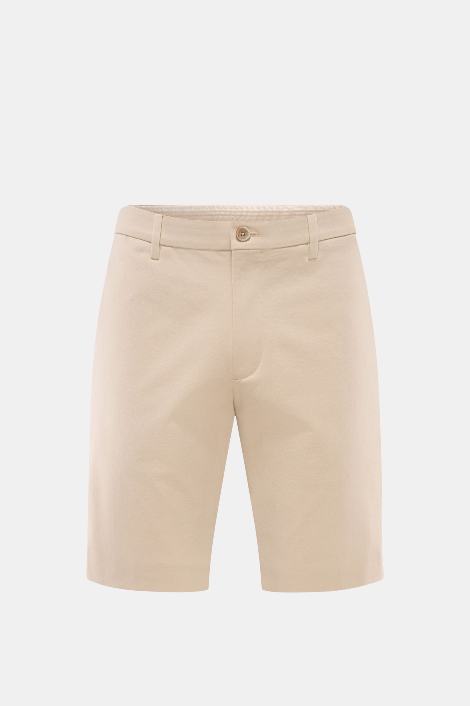 Front view of GTA Jersey shorts 'Davide' beige, made from a soft cotton and microfiber blend with zip, button, and elastic waistband.

A soft blend of cotton and premium microfibre in a jersey finish makes the casual shorts 'Davide' by GTA a comfortabl
