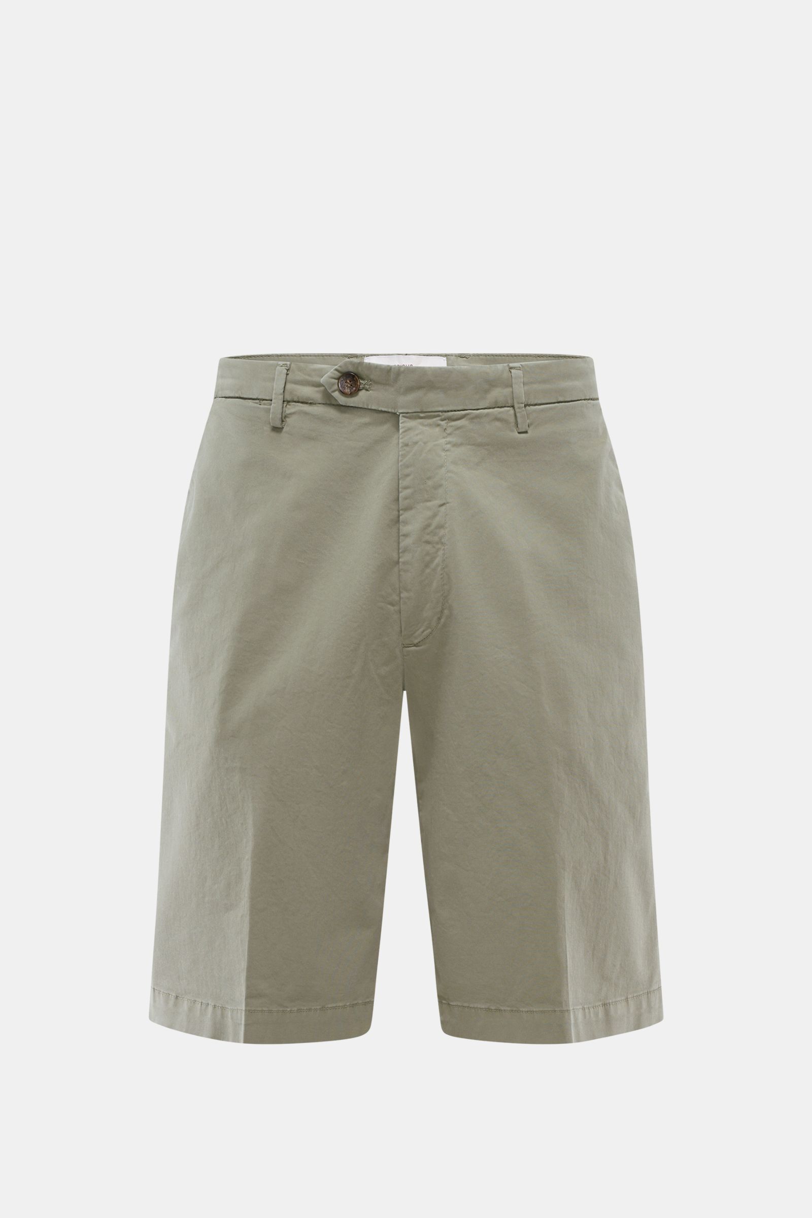 Briglia 1949 Shorts 'Garda' salbei in Twill aus elastischer Baumwolle, Regular Fit, mit Knopf, Reißverschluss, französischen Taschen, Uhrentasche, frontal fotografiert.