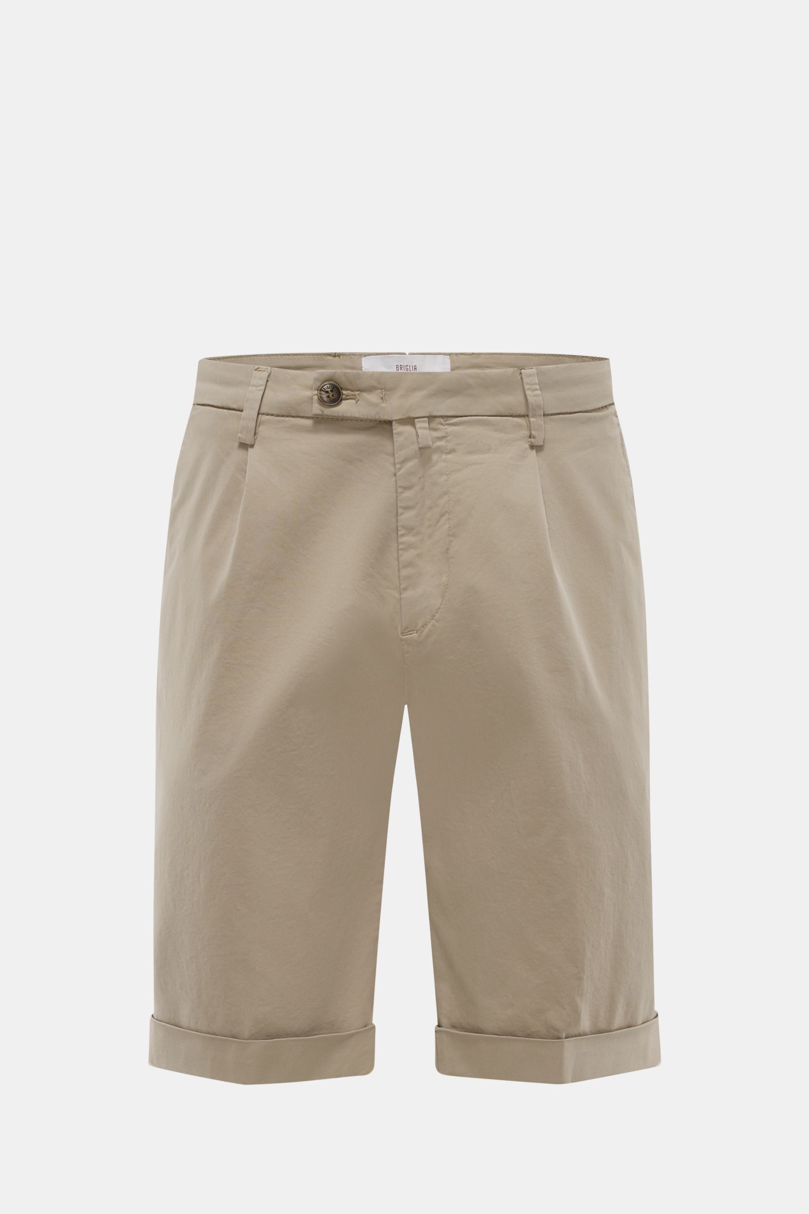 Briglia 1949 Bermudas taupe, Slim Fit, elastische Baumwolle, Reißverschluss, Bundknöpfe, französische Taschen, Uhrentasche, Saumaufschlag, Frontansicht.