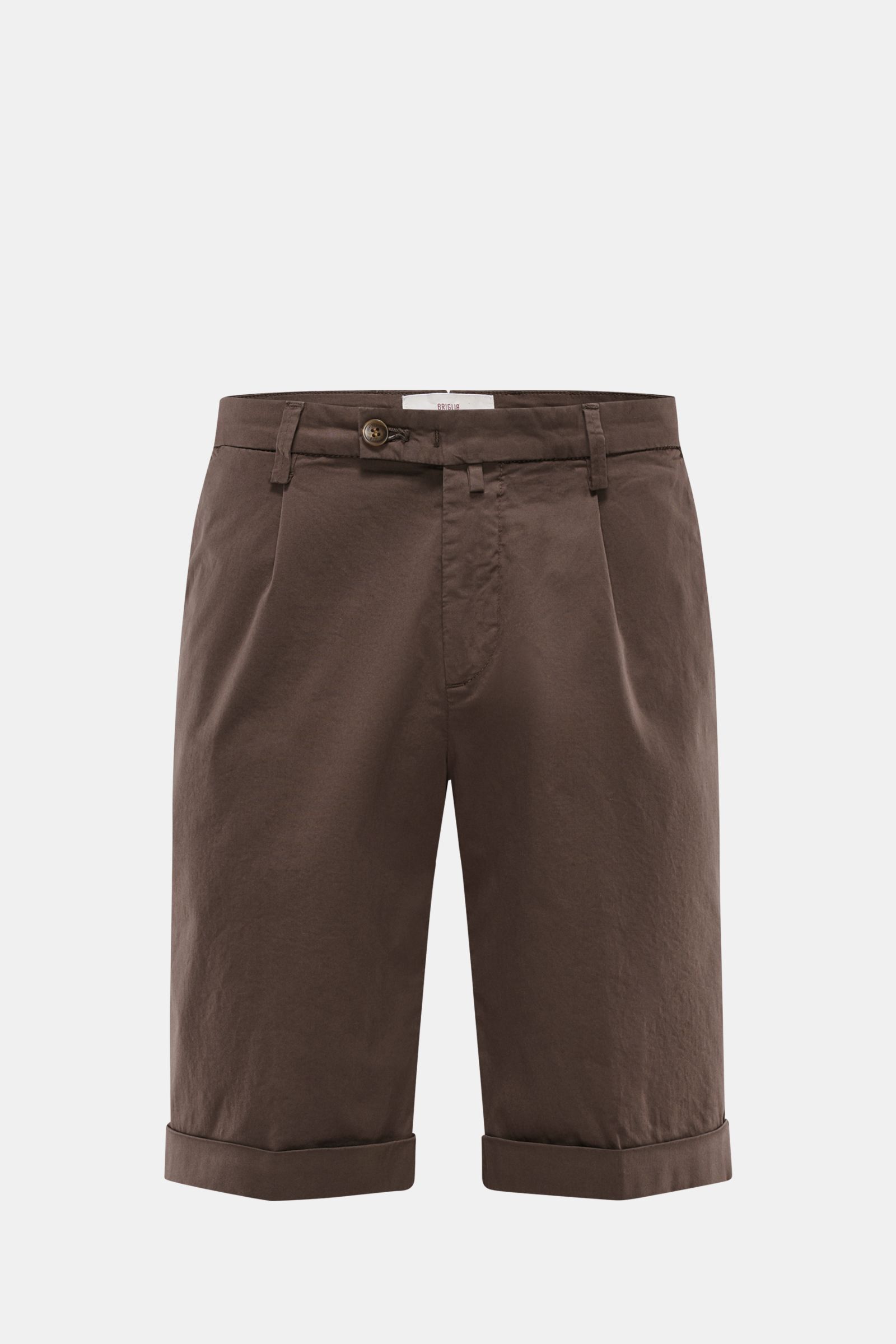 Briglia 1949 Bermudas dunkelbraun, Slim Fit aus elastischer Baumwolle, mit Reißverschluss, Bundknöpfen, Taschen, Saumaufschlag, Frontalansicht.