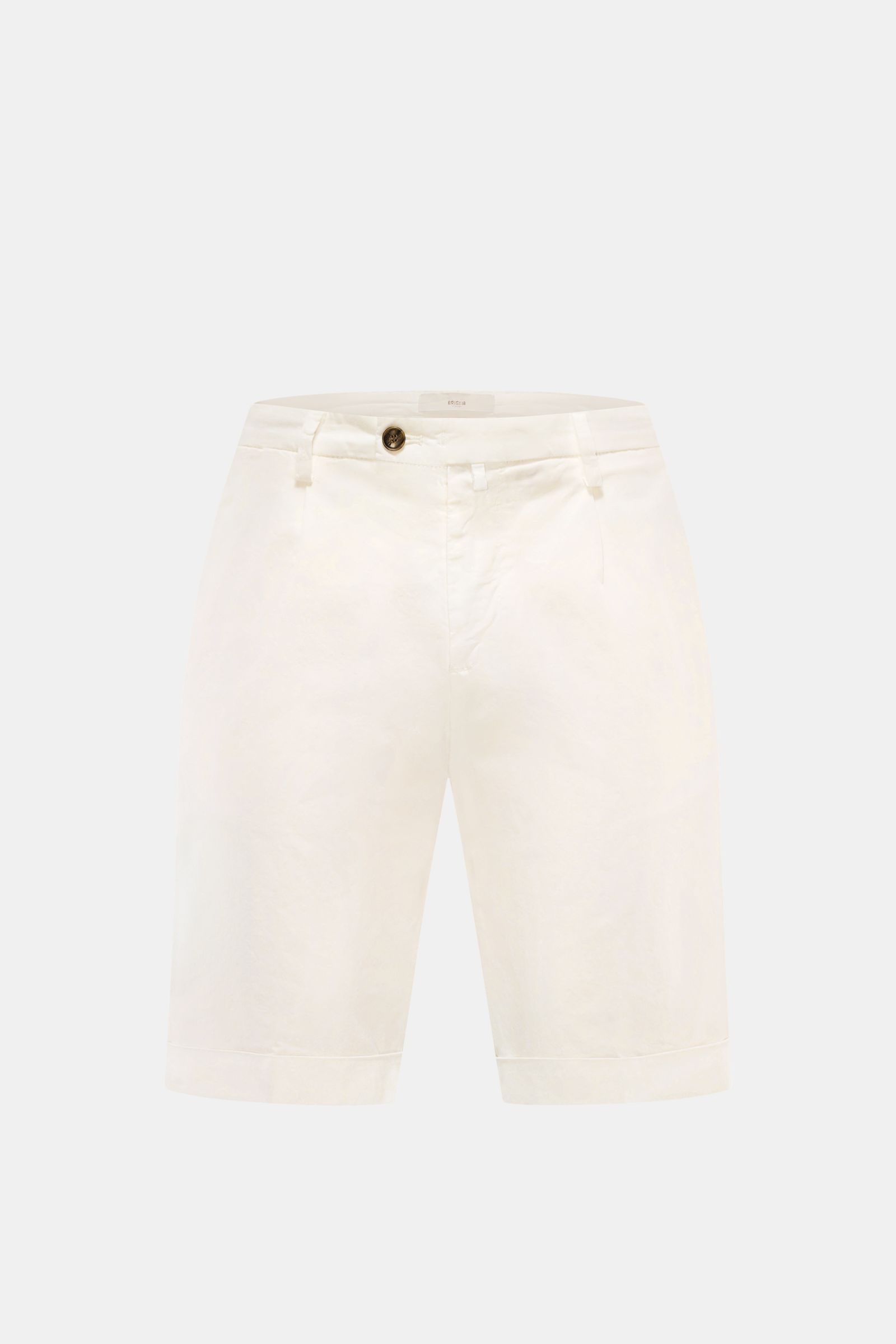 Front view of Briglia 1949 Bermudas off-white in slim fit elasticated cotton with zip, buttons, French pockets, and fixed hem turn-up.

Get a sporty and casual look this summer with BRIGLIA 1949: These Bermudas in slightly stretchy cotton have a flatte