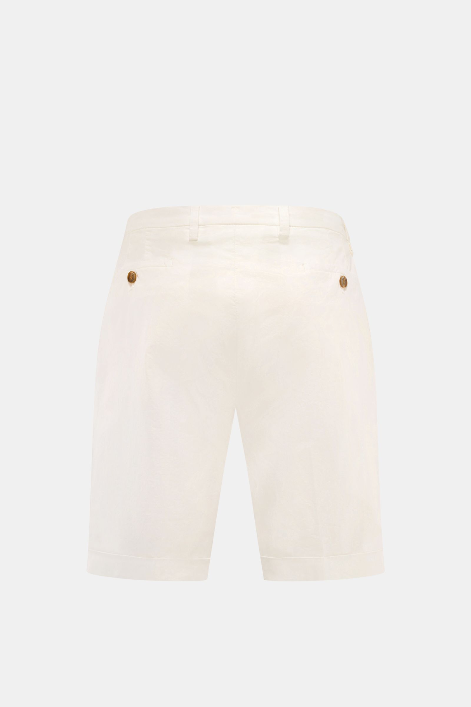 Rear view of Briglia 1949 Bermudas off-white in slim fit with jetted back pockets and button, fixed hem turn-up.

Description: Get a sporty and casual look this summer with BRIGLIA 1949: These Bermudas in slightly stretchy cotton have a flattering slim
