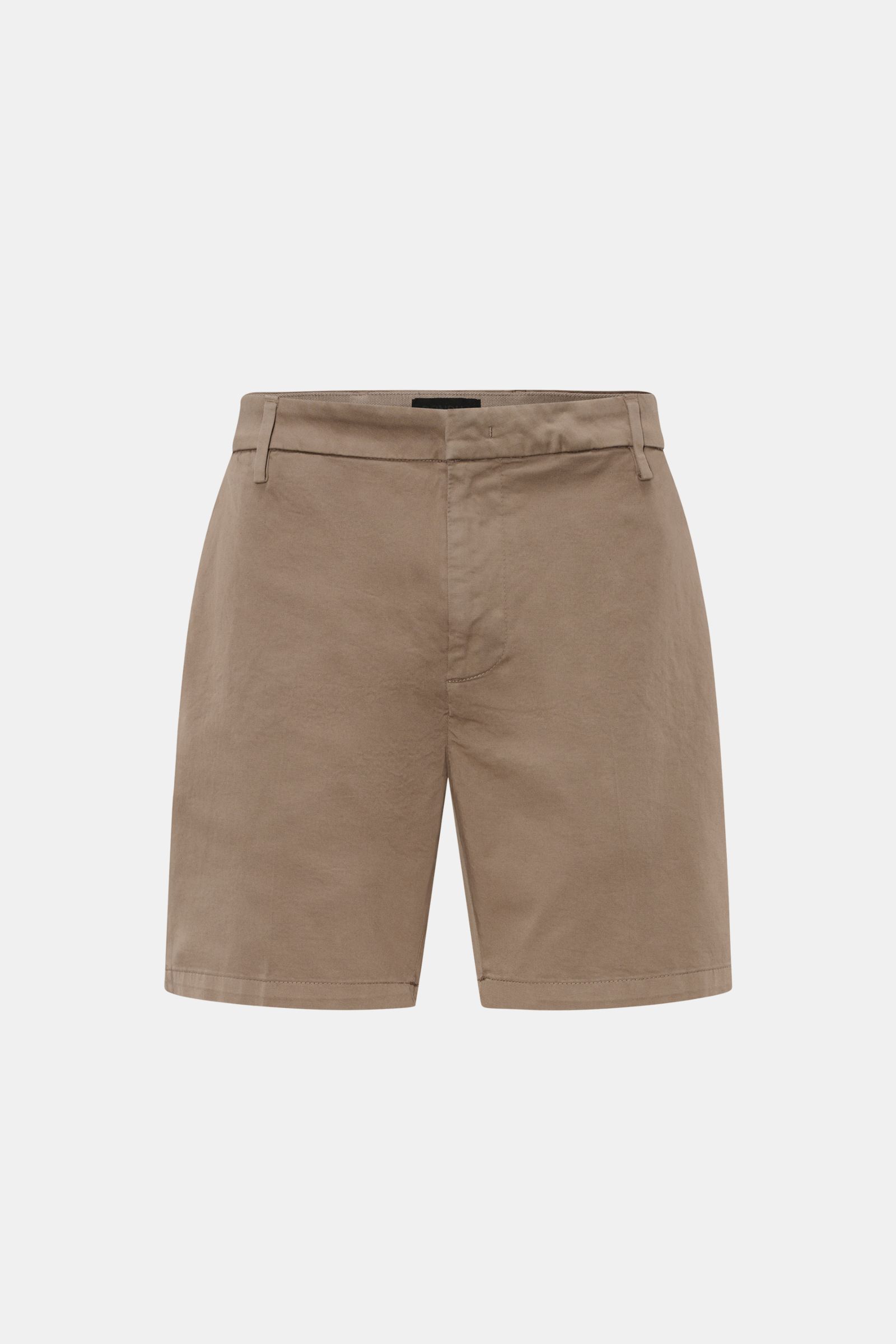 Dondup Shorts 'Manheim' khaki, frontale Nahaufnahme, Regular Fit, hohe Leibhöhe, elastische Baumwolle, Reißverschluss, französische Taschen, Metall-Initial.