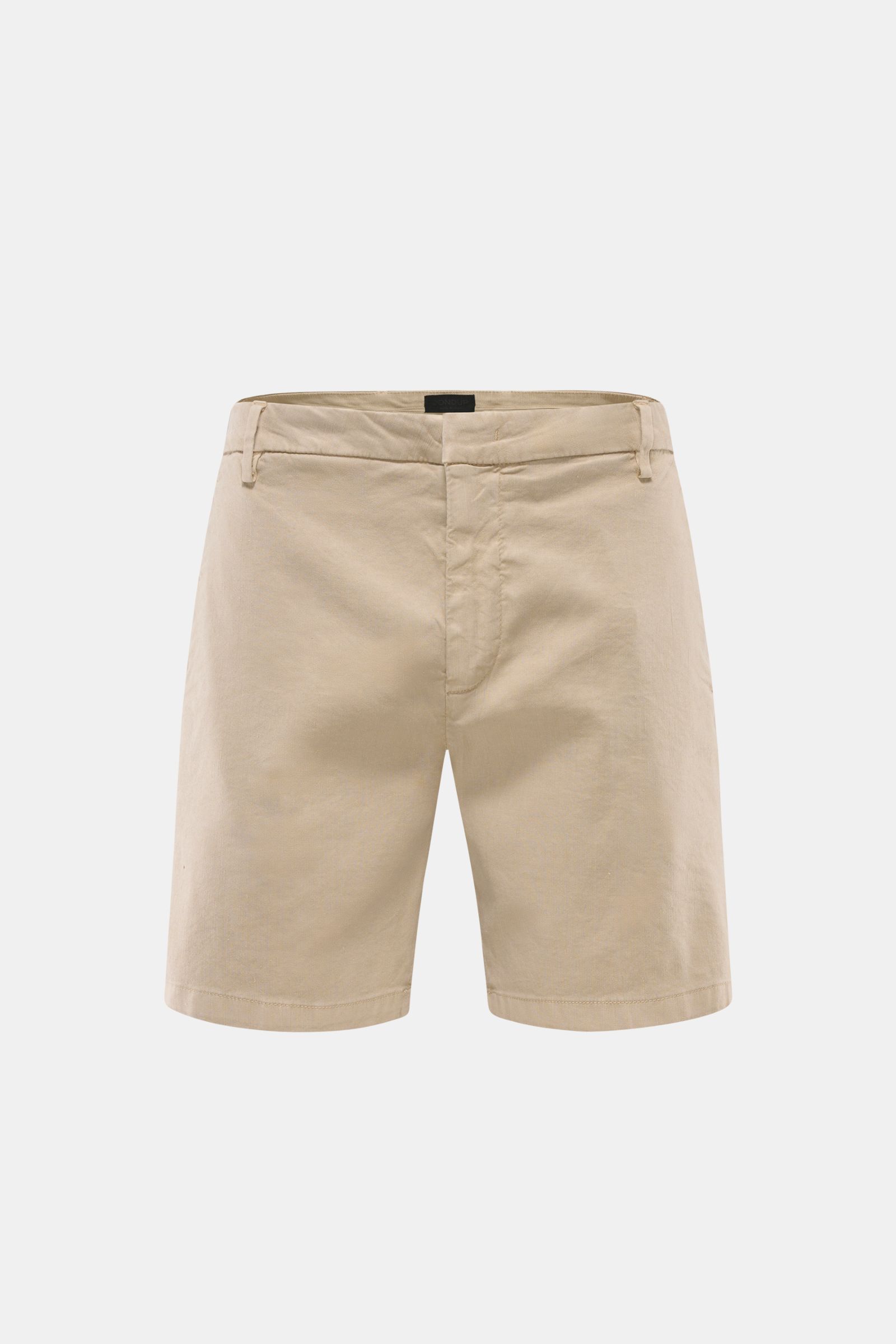 Front view of Dondup Shorts 'Manheim' beige, made from a soft, stretchy linen and lyocell blend with zip, slide-button, French pockets, and back flap pockets. Enjoy carefree days in the warm weather – the 'Manheim' shorts by DONDUP are the perfect choice 