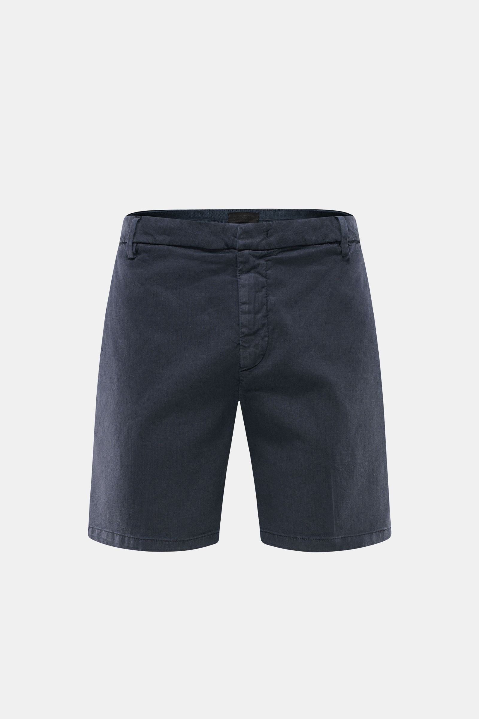 Front view of Dondup Shorts 'Manheim' navy, made from a stretchy blend of linen and lyocell, soft and lightweight, regular fit with zip and slide-button, French pockets, back pockets with flap and button, garment-dyed with elasticated fabric and signature
