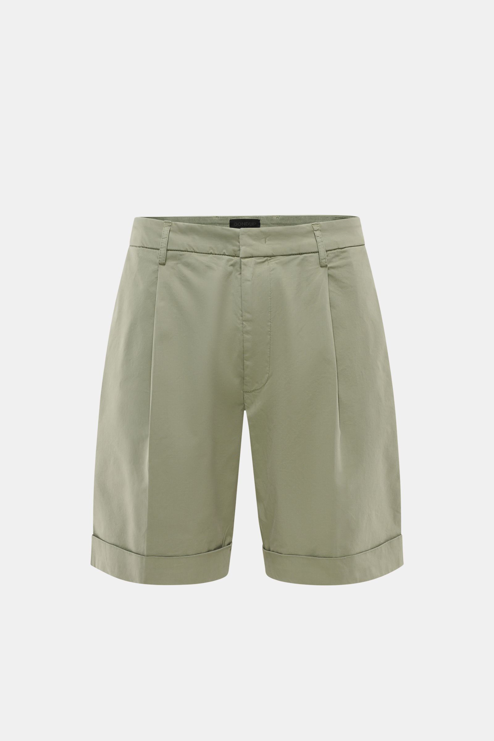 Dondup Shorts 'Ethan' graugrün, frontale Nahaufnahme, Regular Fit, leichte Baumwolle, Bundfalte, Saumaufschlag, französische Taschen, Metall-Initial.