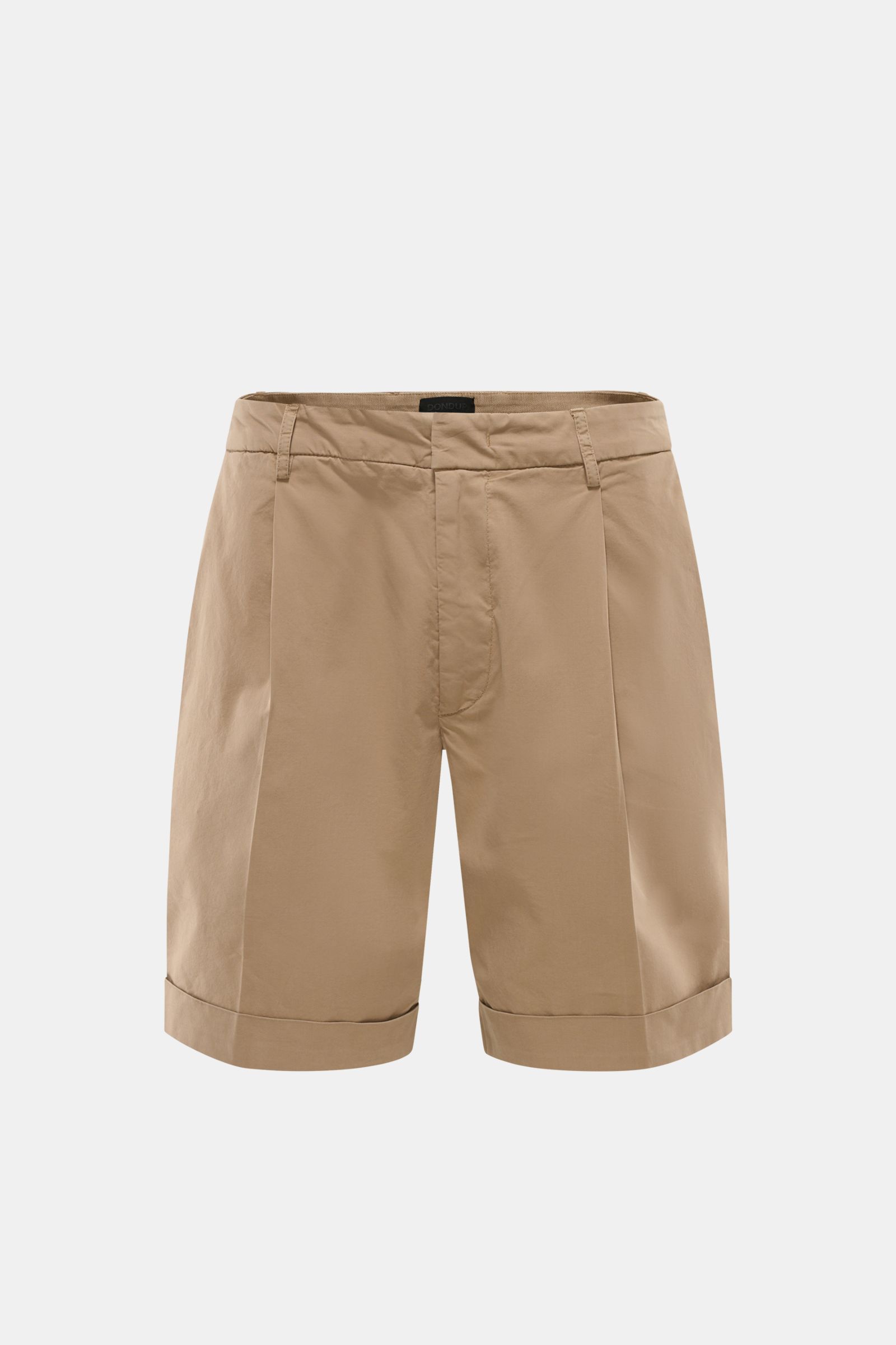 Dondup Shorts 'Ethan' beige aus leicht elastischer Baumwolle mit weichem Griff, Regular Fit, Bundfalte, Saumaufschlag, frontal fotografiert.