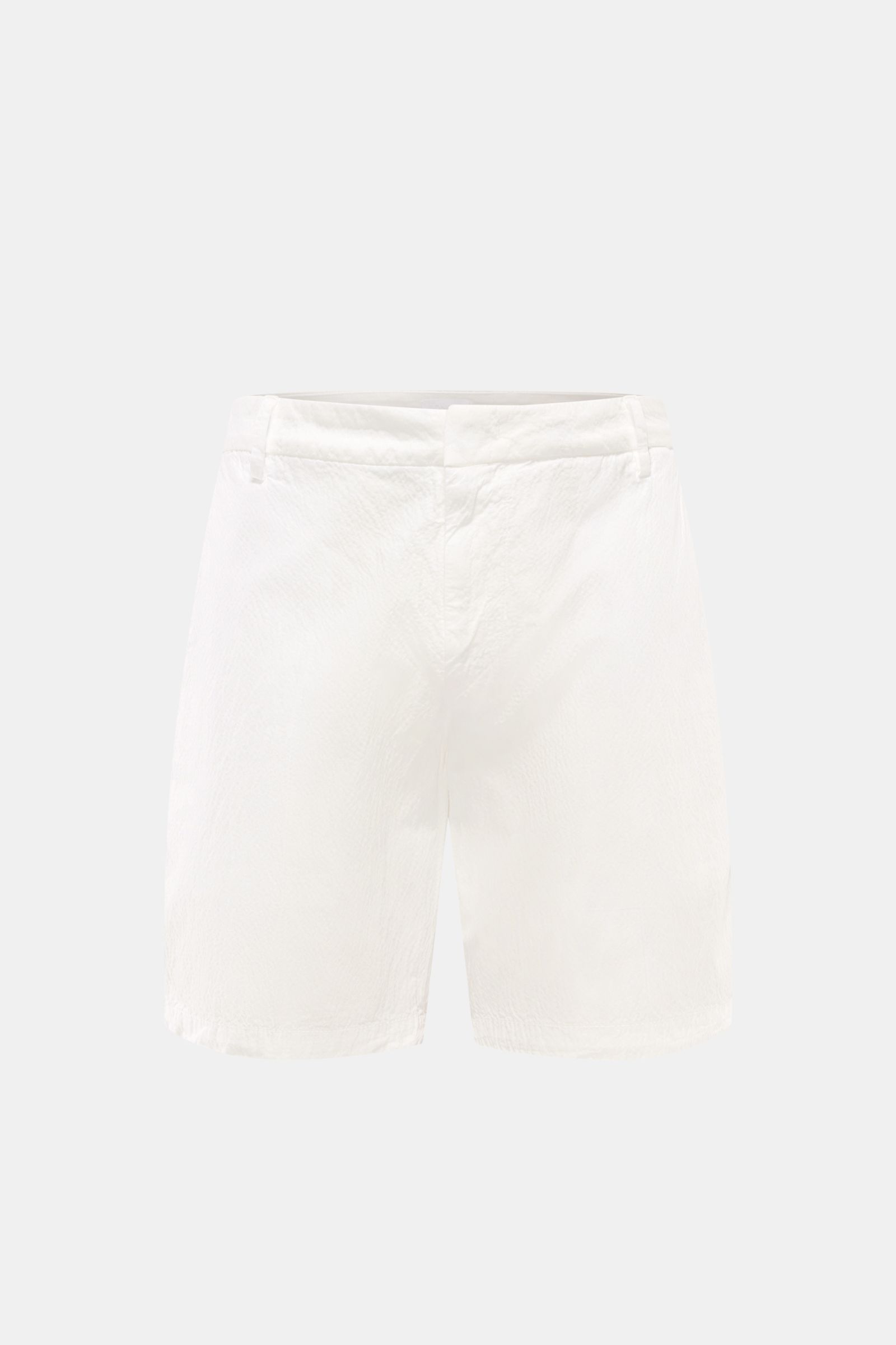 Dondup Seersucker-Shorts 'Manheim' weiß, Frontansicht, leichte Baumwoll-Seersucker-Qualität, Regular Fit, französische Taschen, Metall-Initial.
