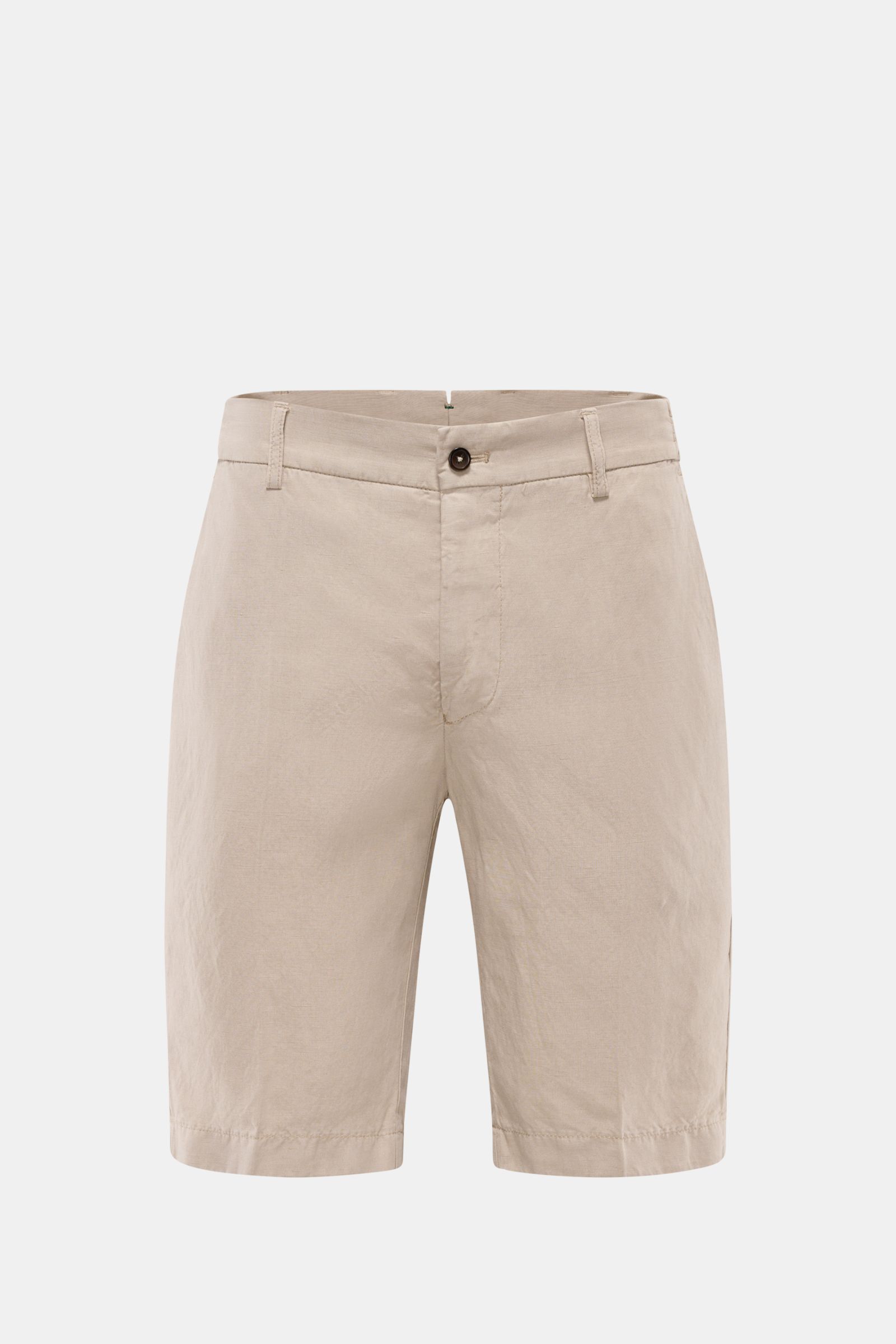 Front view of Berwich Bermudas 'Elax' beige, made from a lyocell and linen mix, featuring a soft feel, regular fit, zip and waist button, partially elasticated waistband, French pockets, and hip pockets on the seat. Perfect for hot days and holidays.