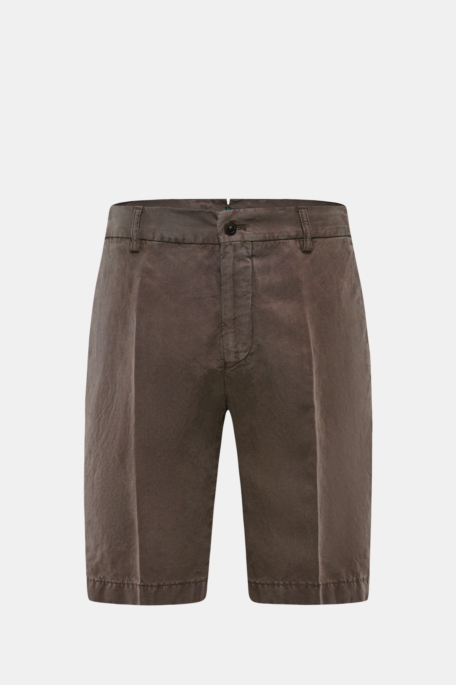 Front view of Berwich Bermudas 'Elax' grey-brown made from a soft blend of lyocell and linen, featuring a zip, waist button, partially elasticated waistband, French pockets, and hip pockets, perfect for hot days and holidays.
