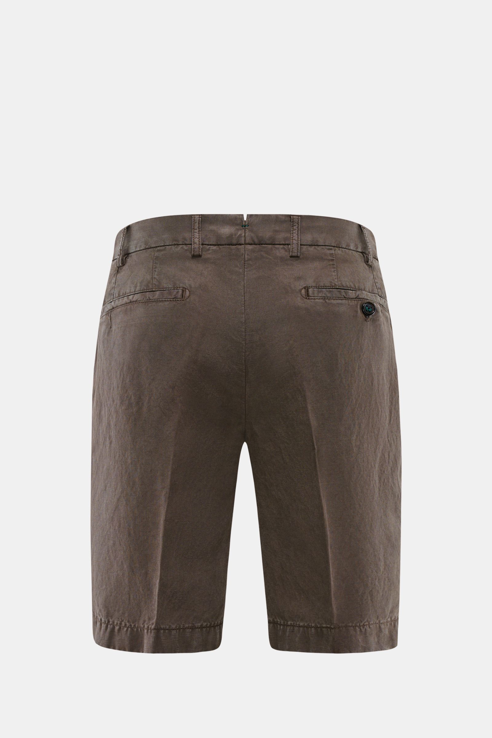Rear view of Berwich Bermudas 'Elax' grey-brown made from a lyocell and linen mix, featuring French and hip pockets, zip, button, and elasticated waistband.

With the model 'Elax', BERWICH presents a pair of comfortable Bermudas in lyocell and linen, w