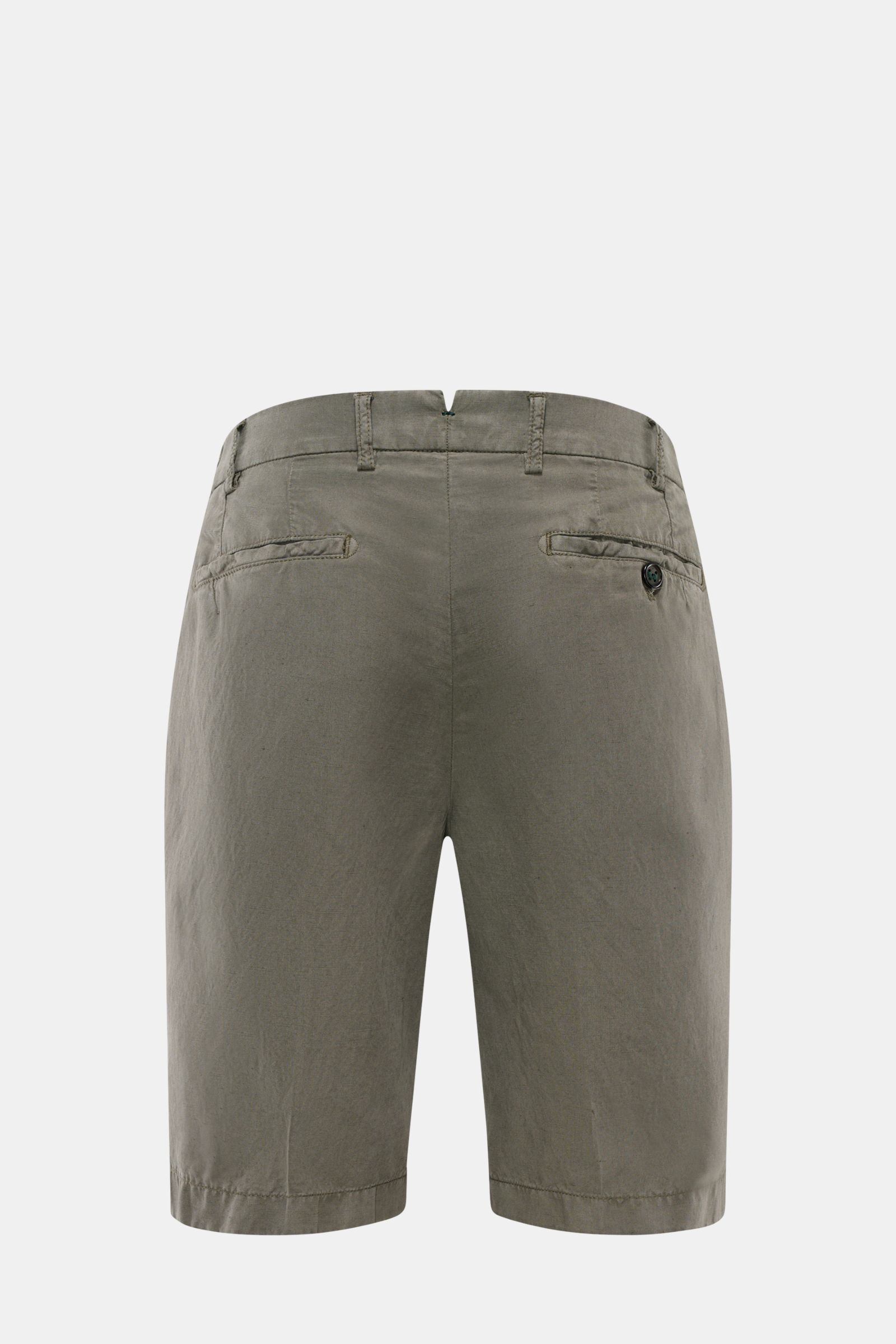 Rear view of Berwich Bermudas 'Elax' grey-green made from a soft lyocell and linen mix, featuring a regular fit, zip and waist button, partially elasticated waistband, French pockets, and hip pockets on the seat, perfect for hot days and holidays.