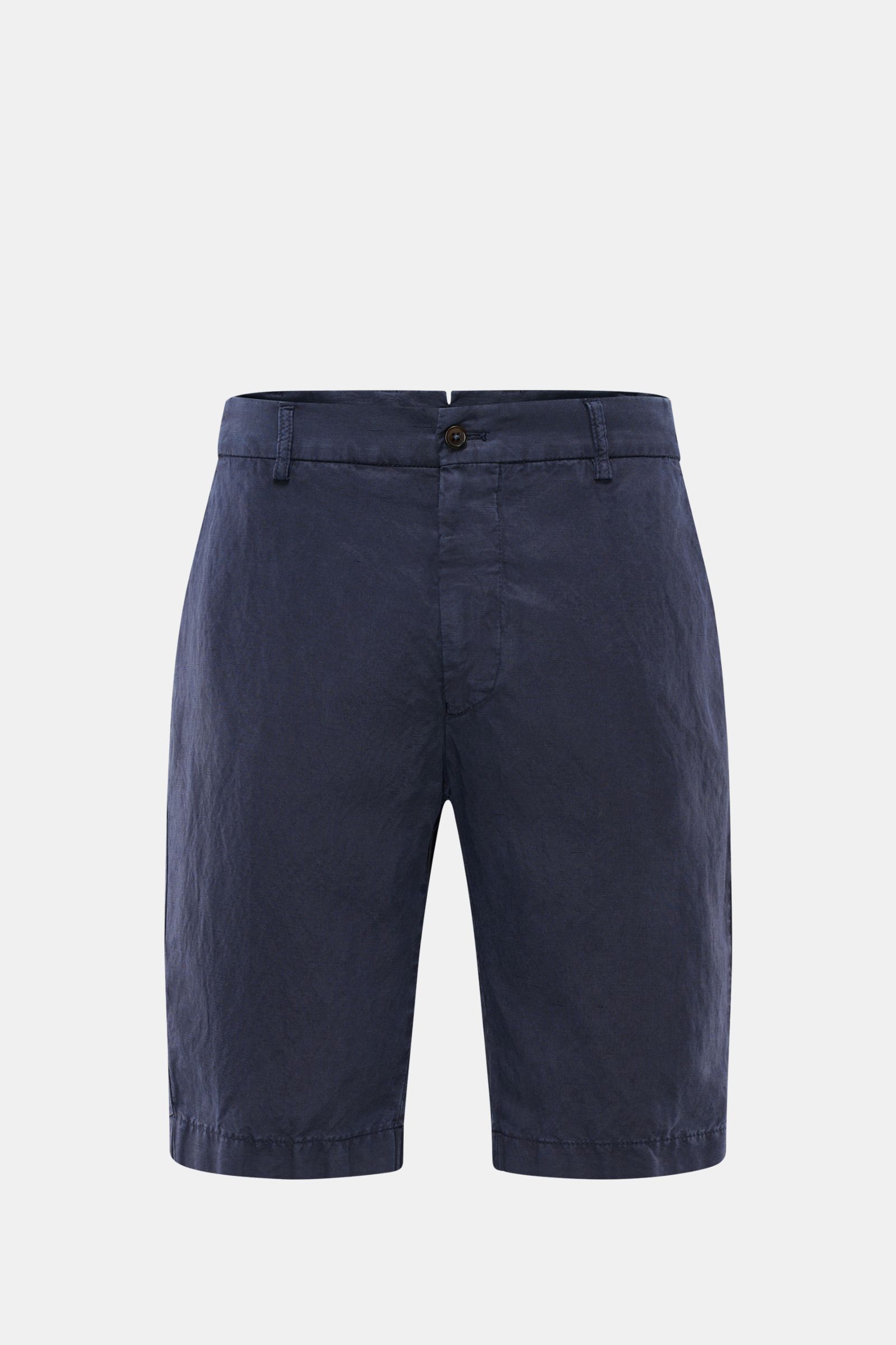 Front view of Berwich Bermudas 'Elax' navy, comfortable regular fit shorts made from a soft lyocell and linen blend with zip, button, and pockets.