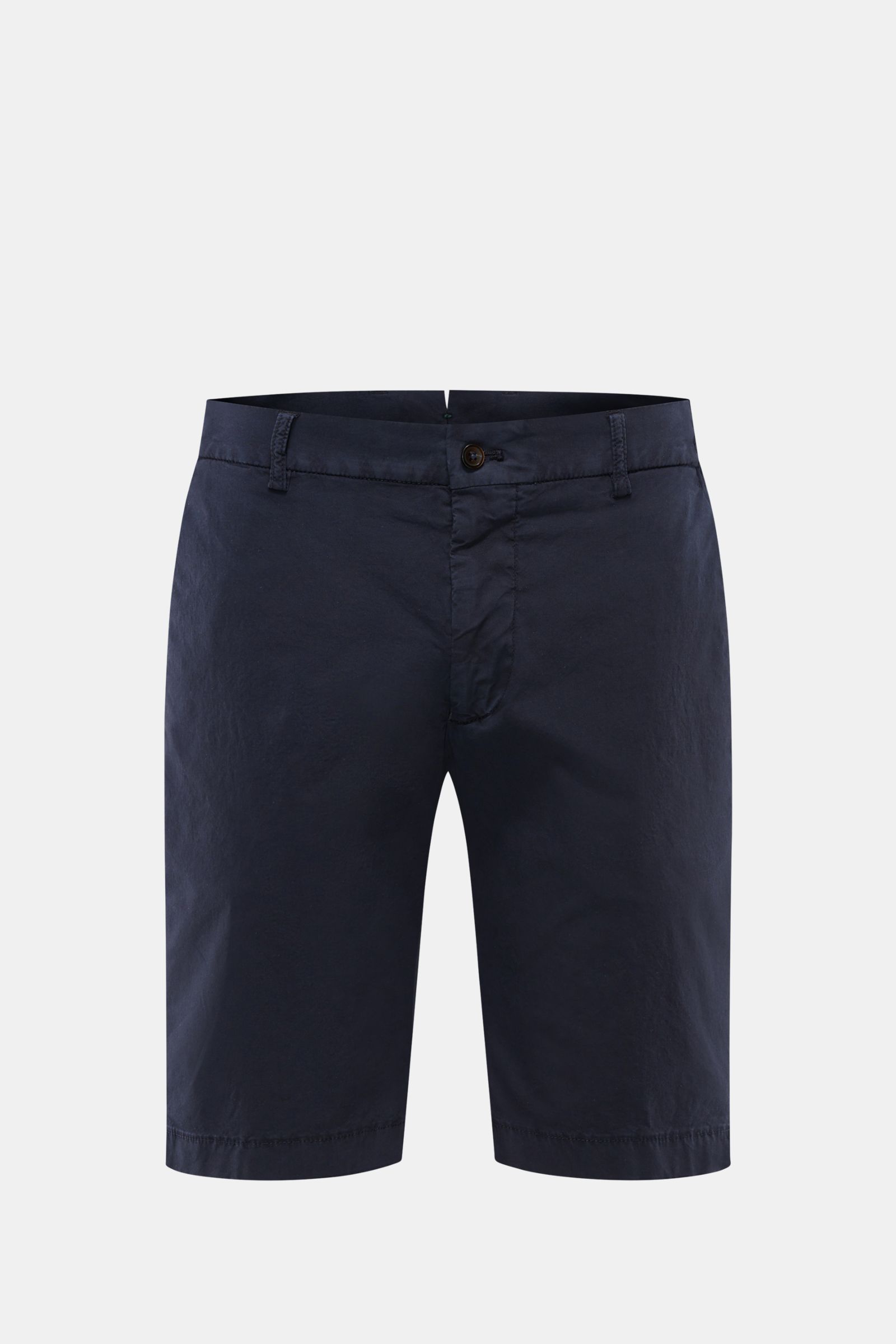 Berwich Bermudas 'Elax' navy aus elastischer Baumwolle, Regular Fit, teielastischer Bund, Reißverschluss, Knopf, französische Taschen, frontal fotografiert.