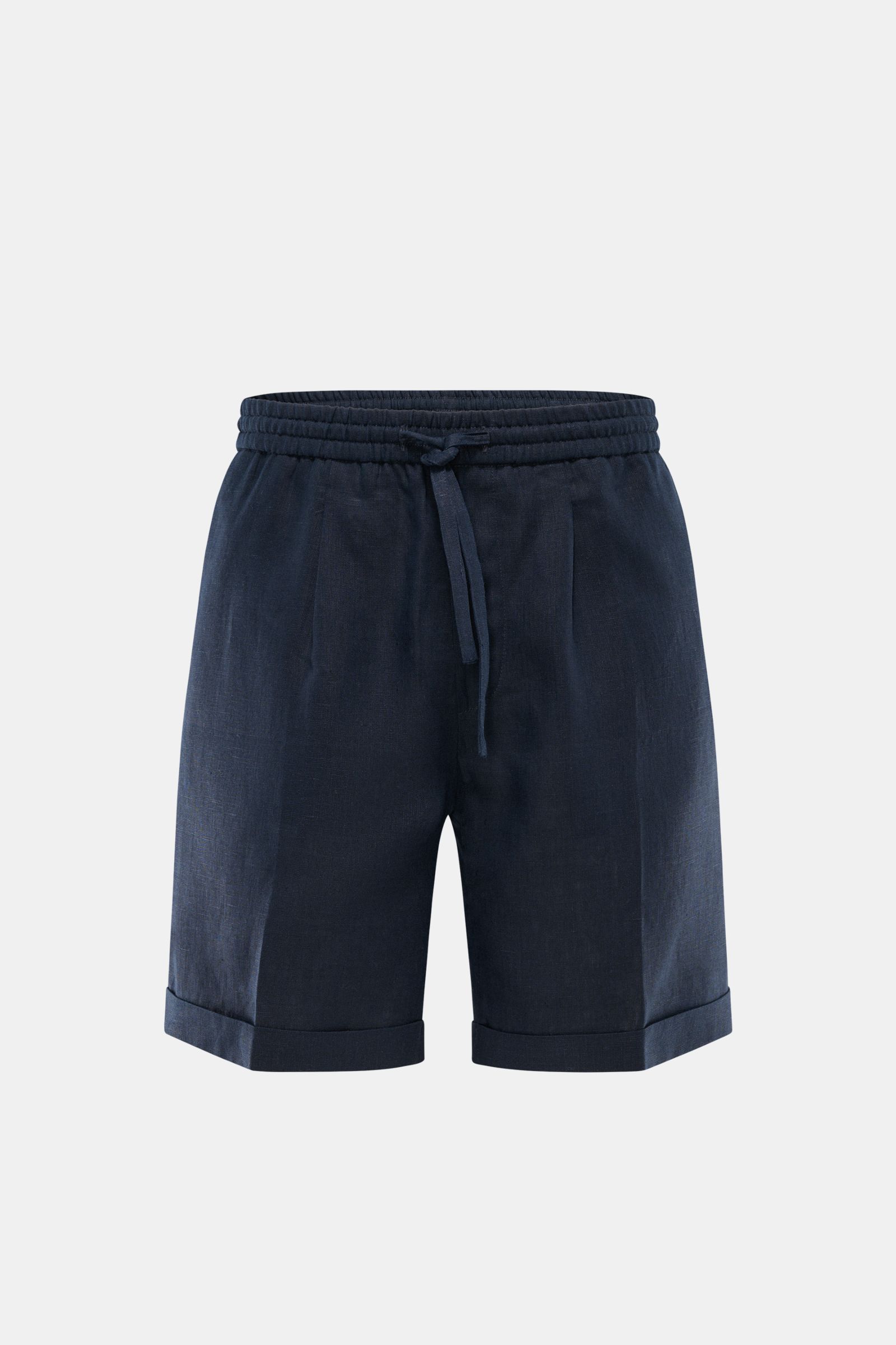Aurélien Leinen-Shorts 'Seaside' navy, frontale Nahaufnahme, aus reinem Leinen mit elastischem Bund, Tunnelzug, Bundfalte und fixiertem Saumaufschlag.