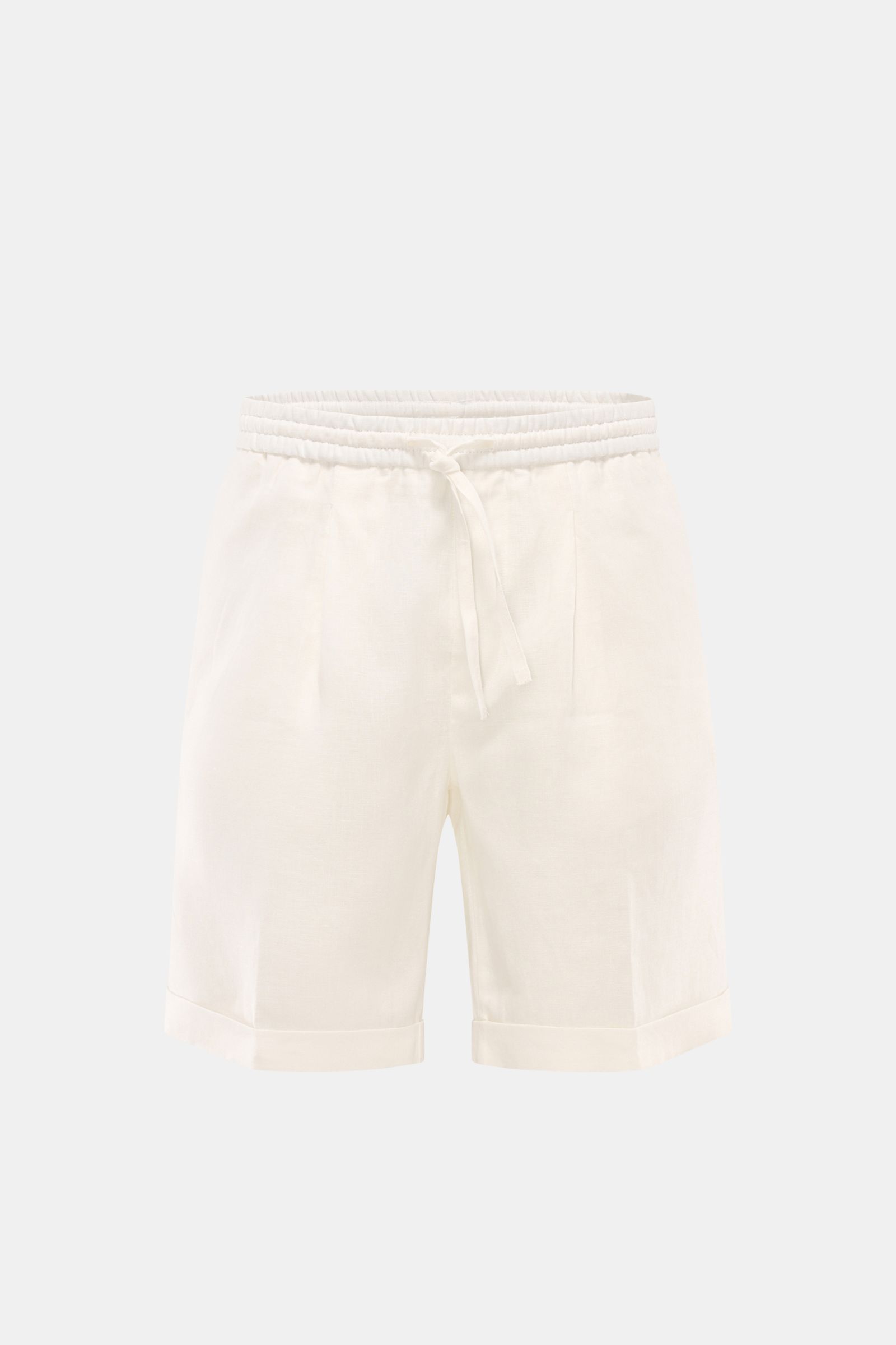 Aurélien Leinen-Shorts 'Seaside' offwhite, frontale Nahaufnahme mit elastischem Bund, Tunnelzug, französischen Taschen, fixiertem Saumaufschlag, Regular Fit, reine Leinenqualität.