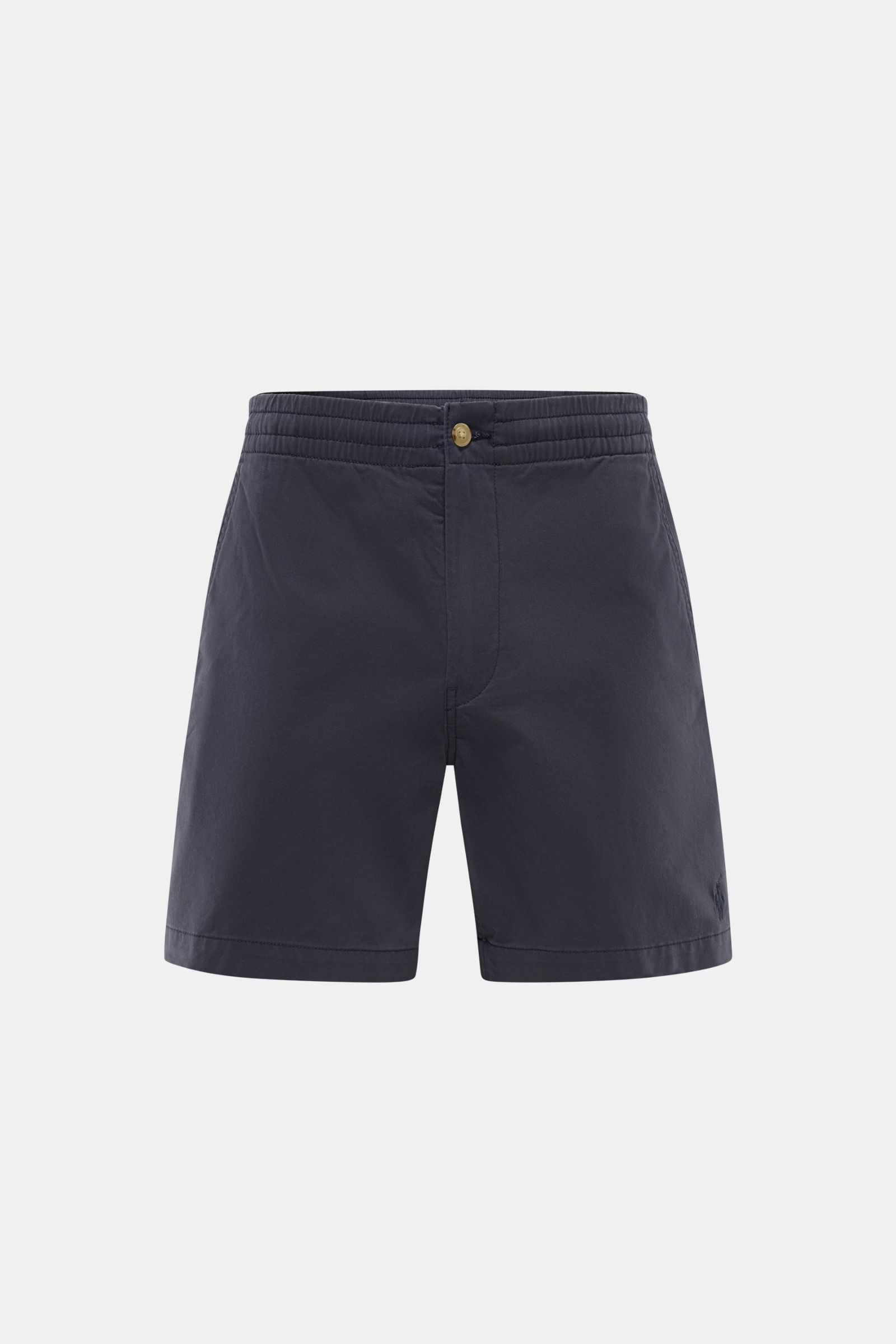 Polo Ralph Lauren Shorts 'Prepster' navy shown from the front, slightly stretchy cotton twill, elasticated waistband with drawstring, zip and button, French pockets, jetted back pockets with button, logo stitching on front, regular fit, soft feel. An eye-