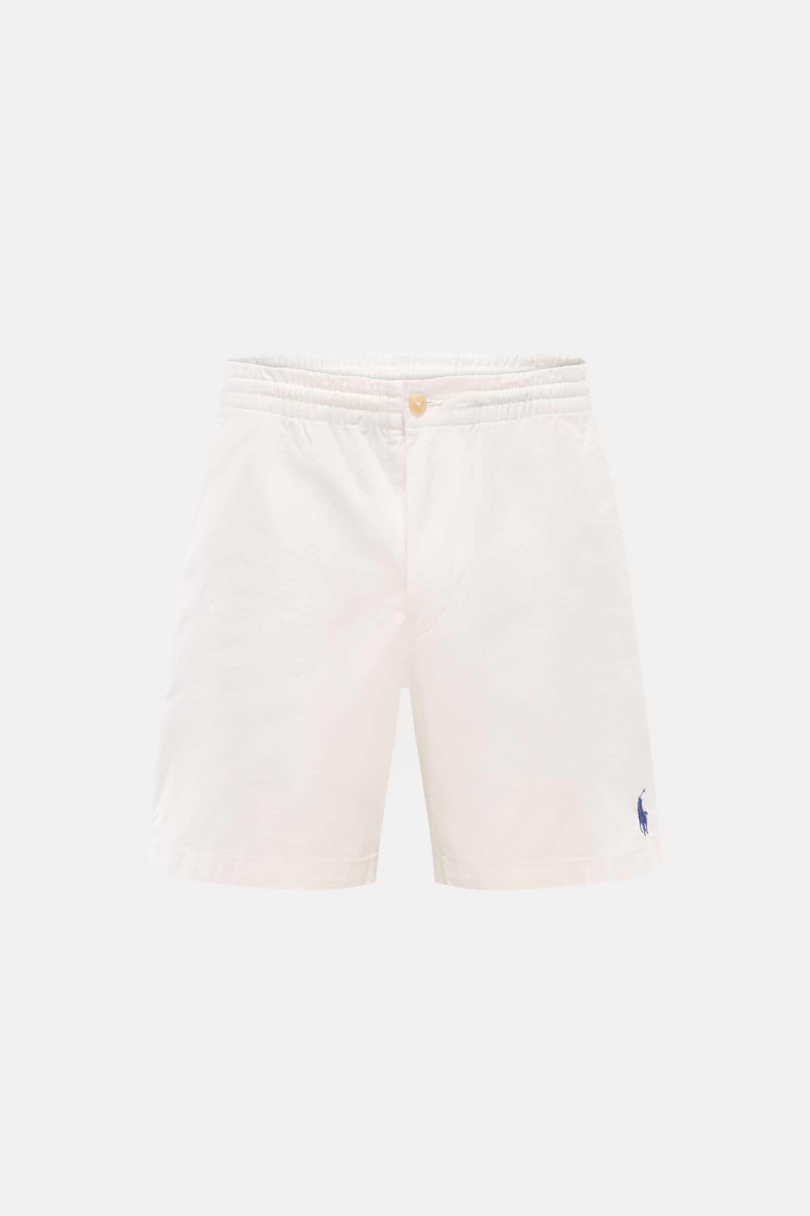 Polo Ralph Lauren Shorts 'Prepster' off-white shown from front top perspective, elasticated waistband with drawstring, zip, button, French pockets, jetted back pockets with buttons, logo stitching. An eye-catching piece for summer: These shorts by POLO RA