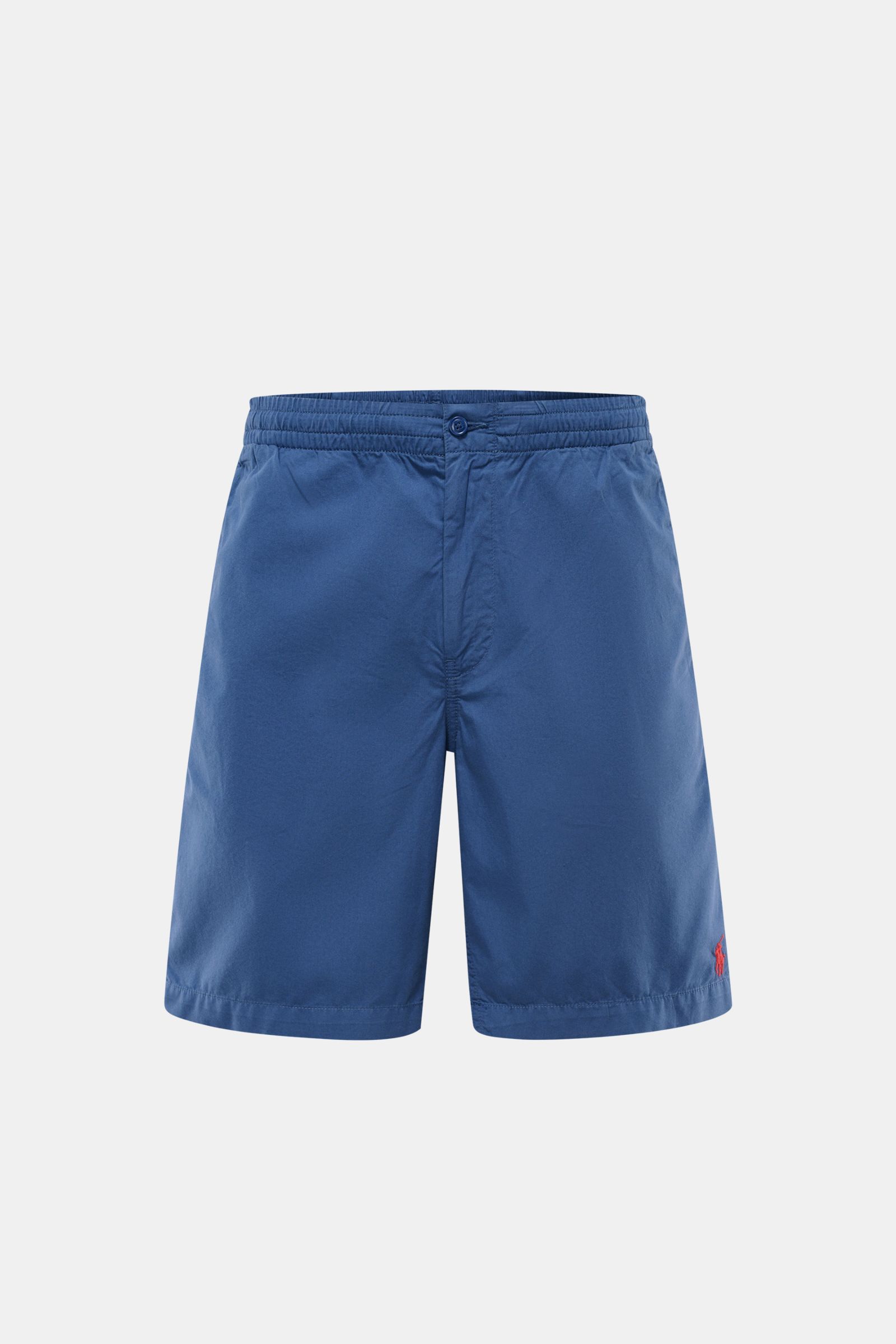 Front view of Polo Ralph Lauren Shorts 'Prepster' dunkelblau in dark blue, made of pure cotton with a soft touch, regular fit, elastic waistband with drawstring, zipper, button, French pockets, welted back pockets, and logo stitching on the front. Summer 