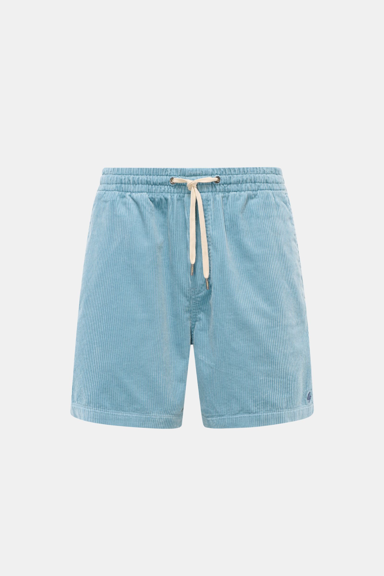 Polo Ralph Lauren Cord-Shorts rauchblau in Regular Fit, Frontansicht, reine Baumwolle, weicher Griff, elastischer Bund mit Tunnelzug, Cordstruktur, französische Taschen, Logo-Stickerei.