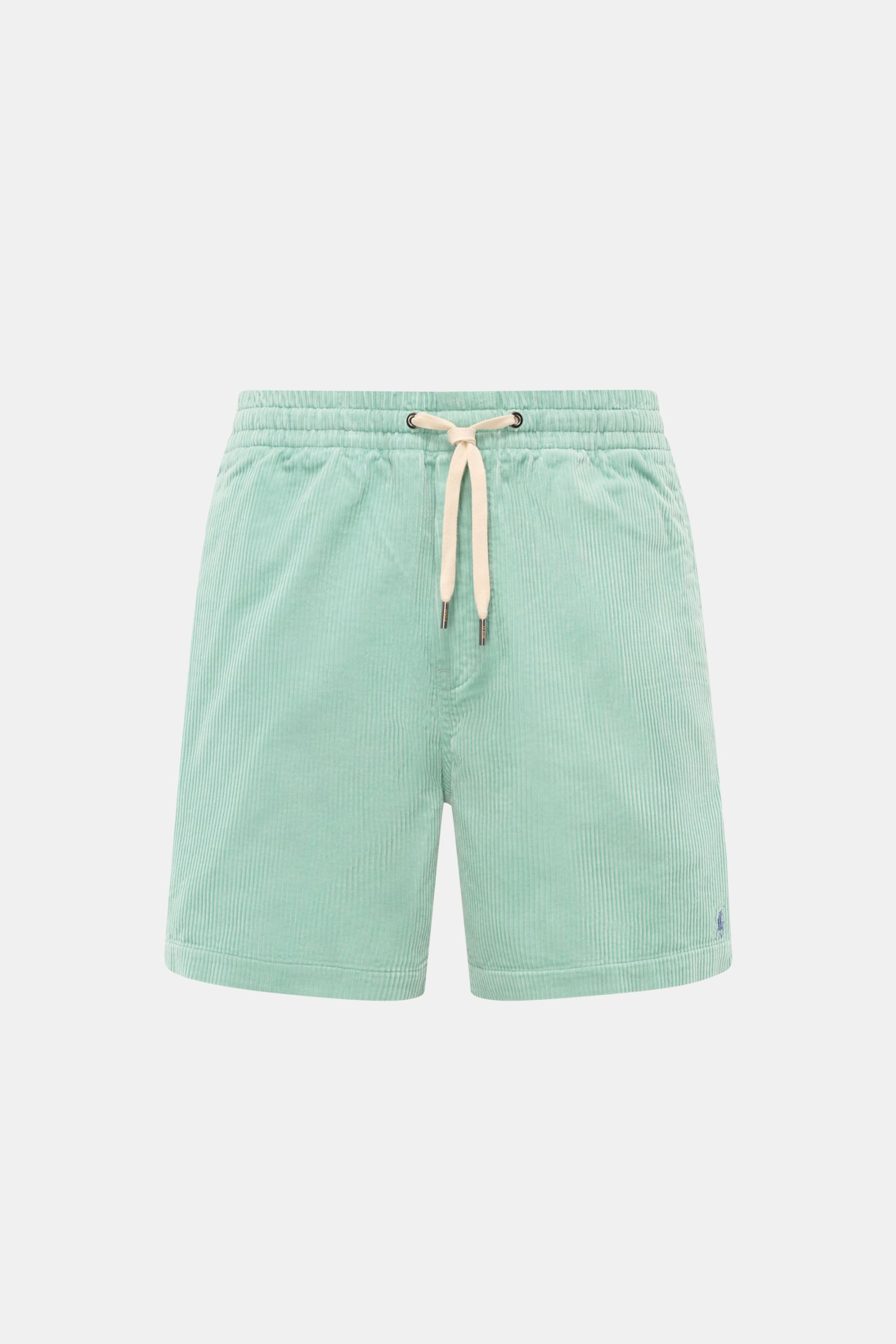 Polo Ralph Lauren Cord-Shorts mint, frontale Nahaufnahme, Regular Fit, reine Baumwolle, weicher Griff, elastischer Bund mit Tunnelzug, französische Taschen, Logo-Stickerei.