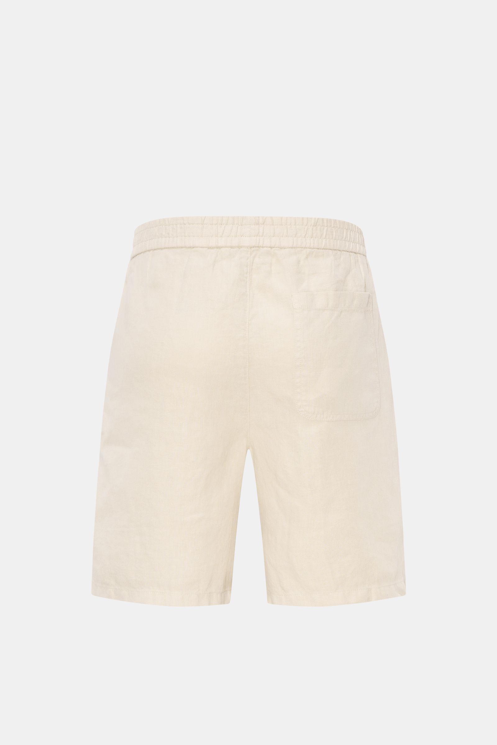 04651/ A trip in a bag Leinenshorts beige, Rückansicht, luftiges Leinen, elastischer Bund, französische Taschen, weicher Griff, Regular Fit.