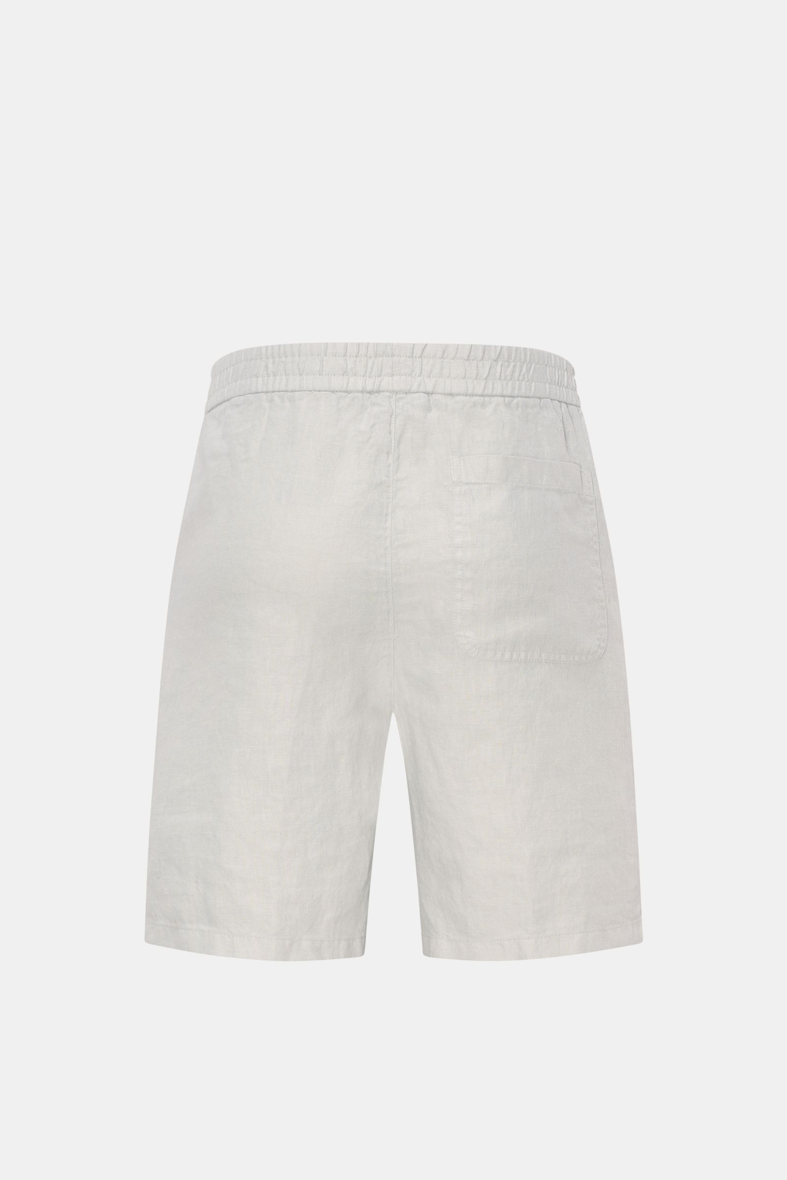 04651/ A trip in a bag Leinenshorts hellgrau, Rückansicht, elastischer Bund, französische Taschen, weiches, luftiges Leinen, Regular Fit, Weblabel am Bund.