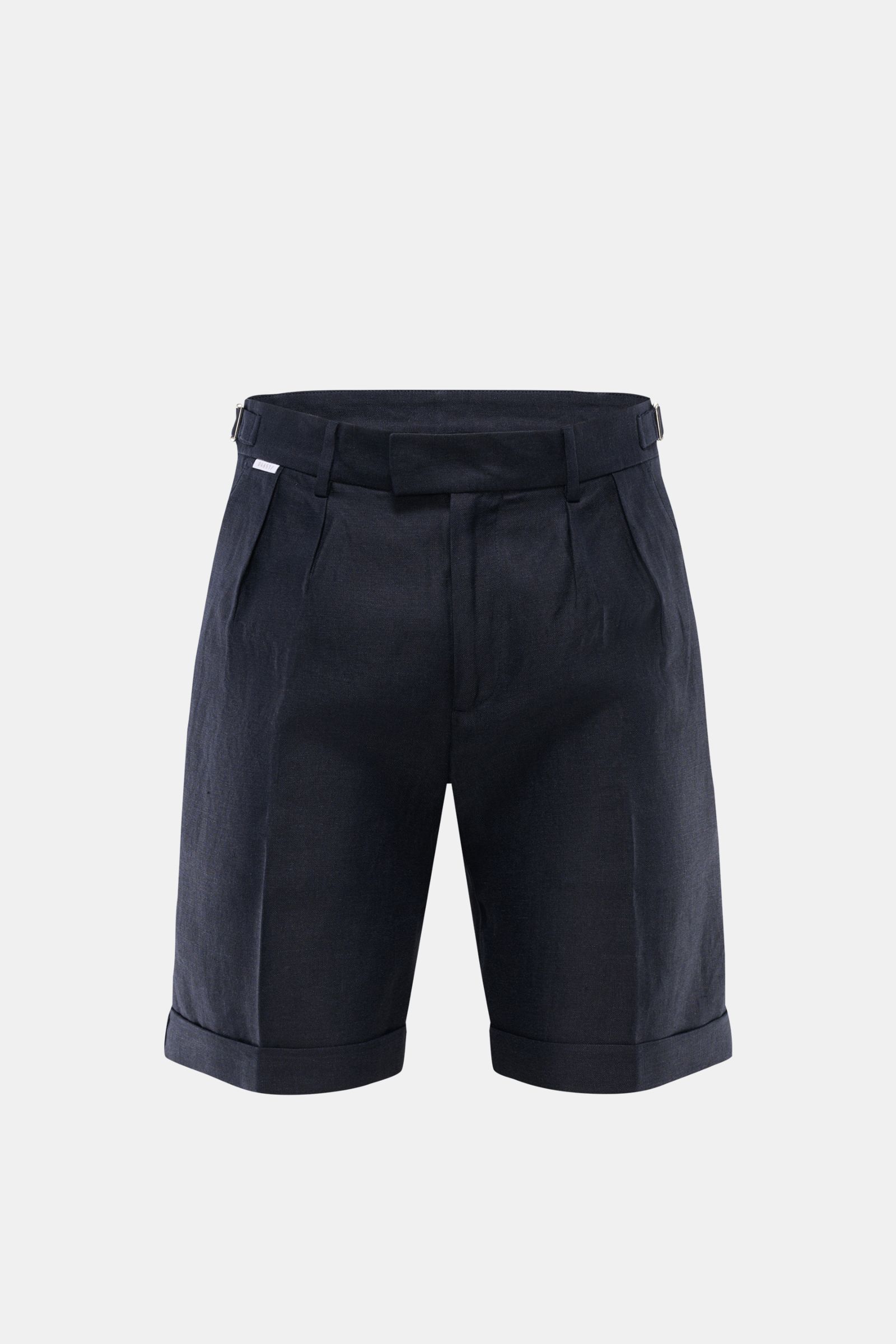 Front view of 04651/ A trip in a bag Linen shorts navy, featuring pure linen, signature texture, regular fit, zip and hook fastener, side adjusters, double pleat, small woven label, French pockets, hip pockets, and fixed hem turn-up, perfect for warm days