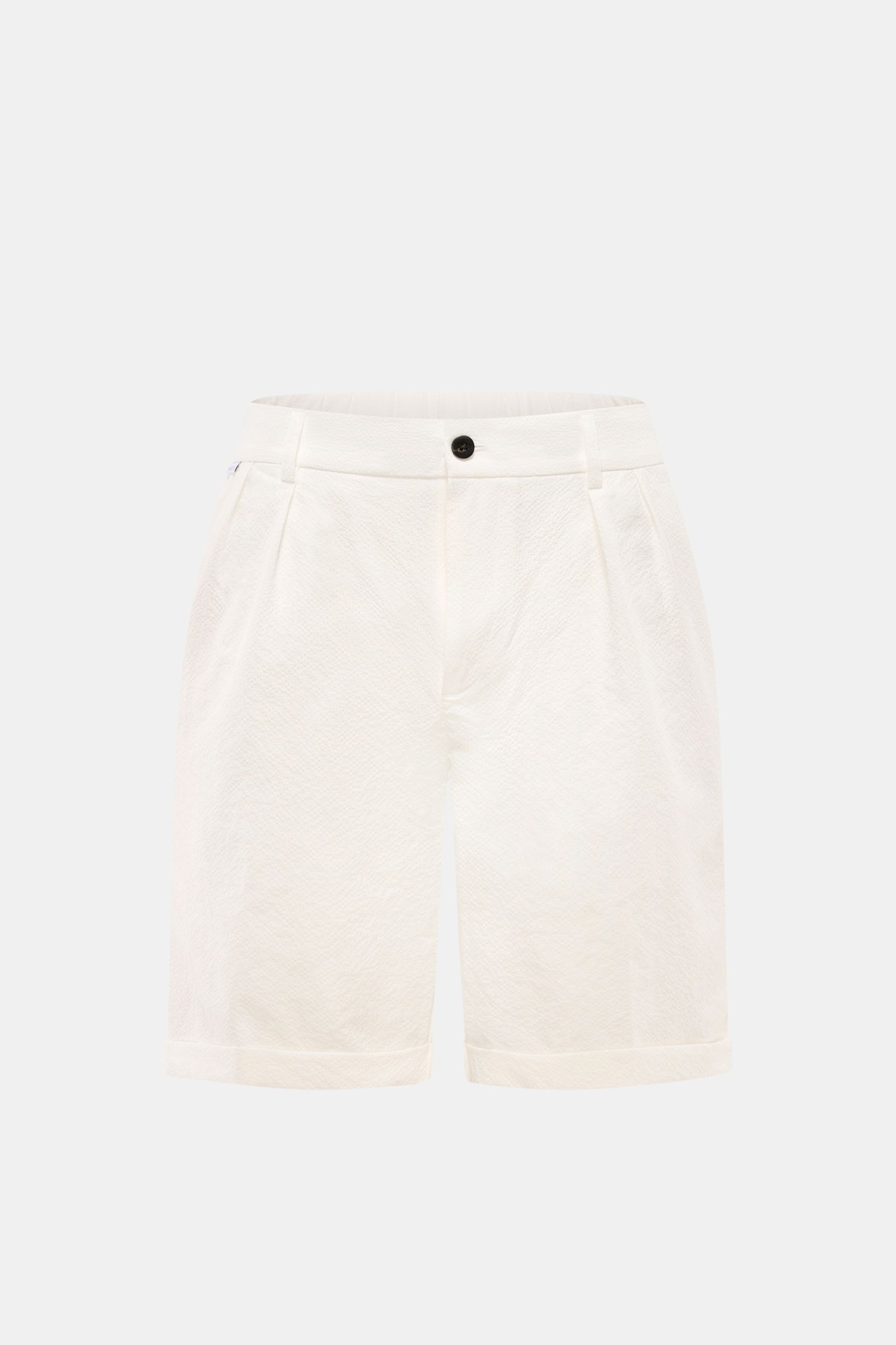 Front view of 04651/ A trip in a bag Seersucker shorts white, made from textured microfibre seersucker, regular fit with double pleats, French and hip pockets, partially elasticated waistband, small woven label, and fixed hem turn-up, perfect for lightwei