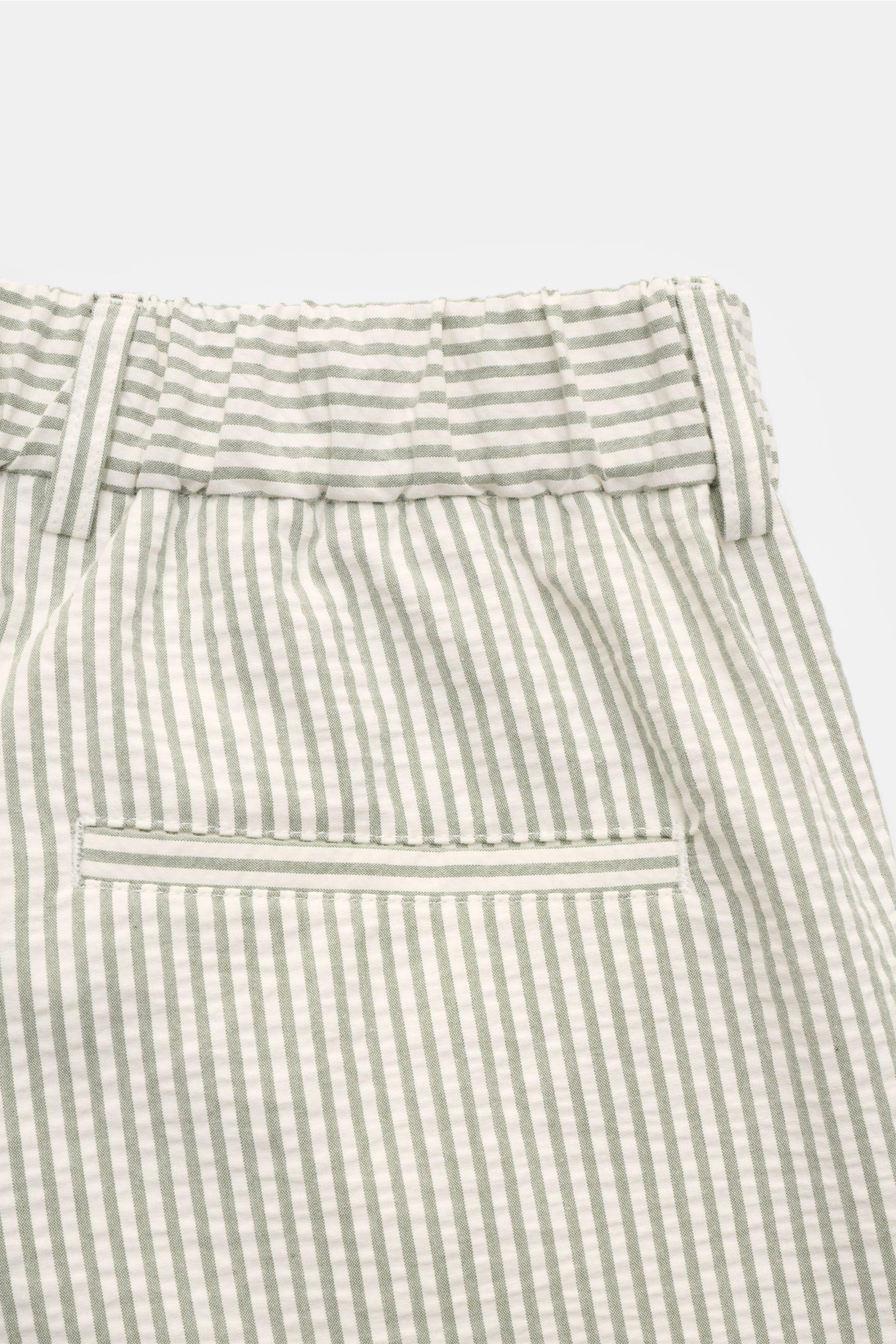Close-up rear view of 04651/ A trip in a bag Seersucker shorts sage/off-white striped, showing partial elastic waistband and hip pocket.

Perfect for your next summer holiday: With their design in seersucker look, these shorts by 04651/ A TRIP IN A BAG