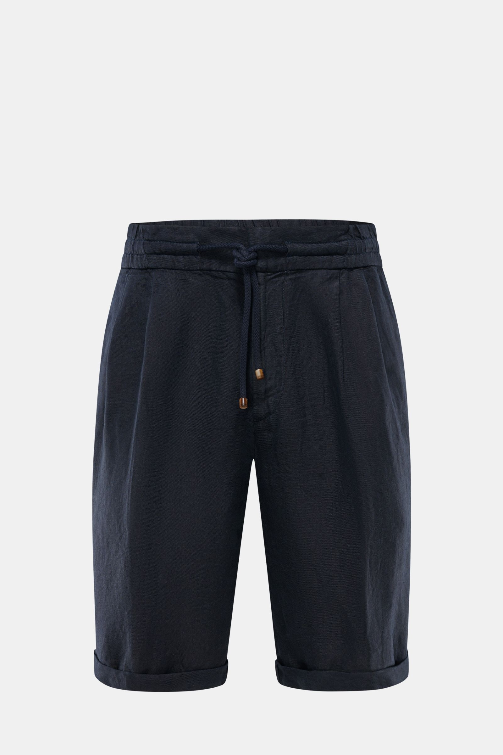 Front view of Brunello Cucinelli Bermudas navy in pure linen, featuring elastic waistband with drawstring, zipper, hook, French pockets, and flap back pockets. Souveräne Sommer-Eleganz: Die Bermudas von BRUNELLO CUCINELLI verbinden hohen Tragekomfort mit 