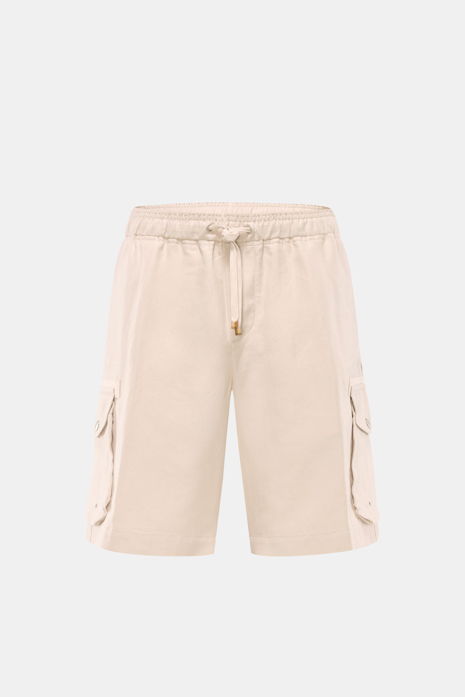 Front view of beige Brunello Cucinelli Cargo-Shorts made of breathable linen-cotton twill, featuring elastic waistband with drawstring, side seam pockets, flap cargo pockets with snap buttons, and back flap pockets, perfect for casual summer looks.

St