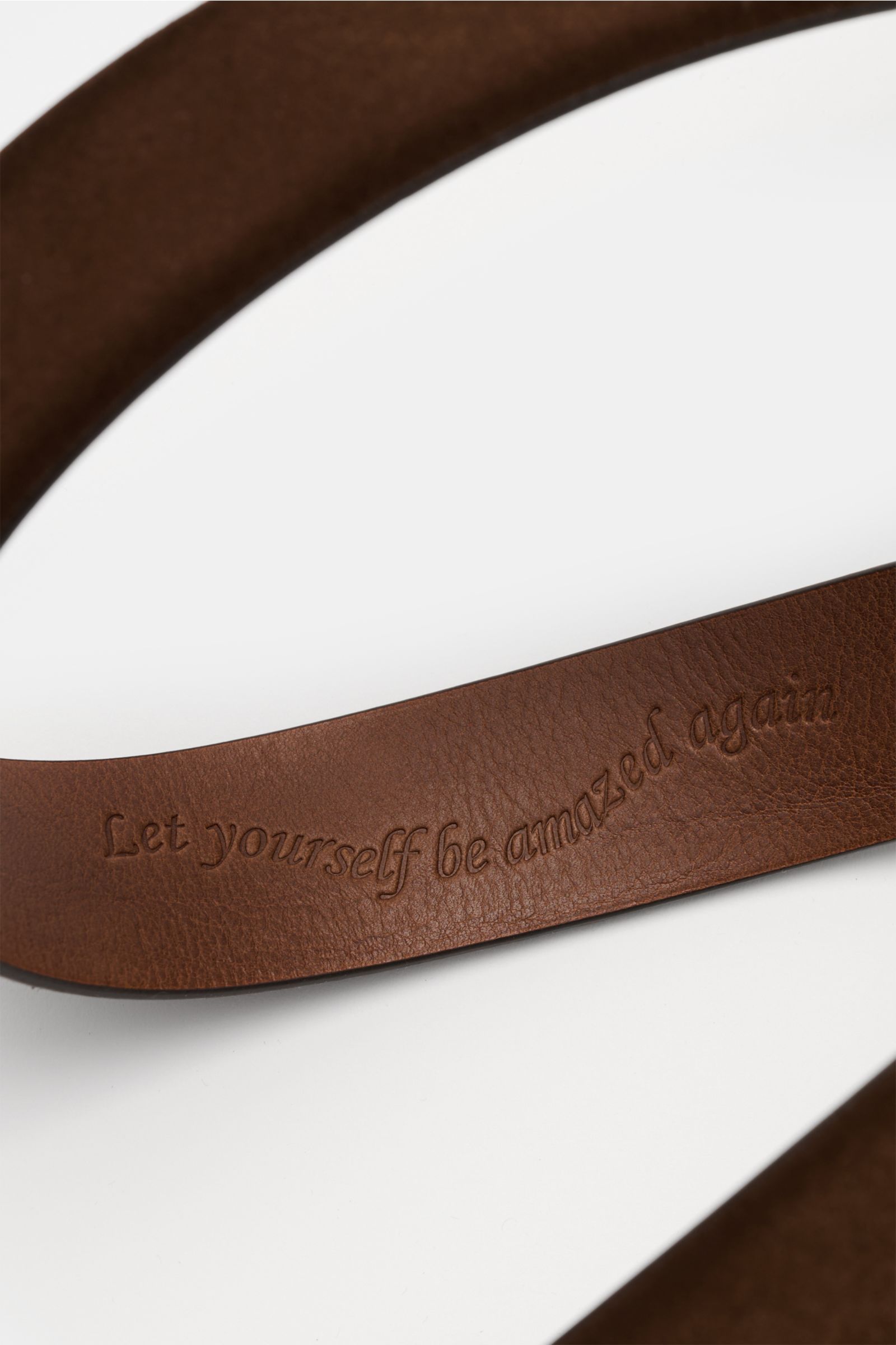 Veneta Cinture Belt brown photographed from above showing smooth suede with slight colour gradient, brass pin buckle, one loop, width 3.5 cm, made in Italy.