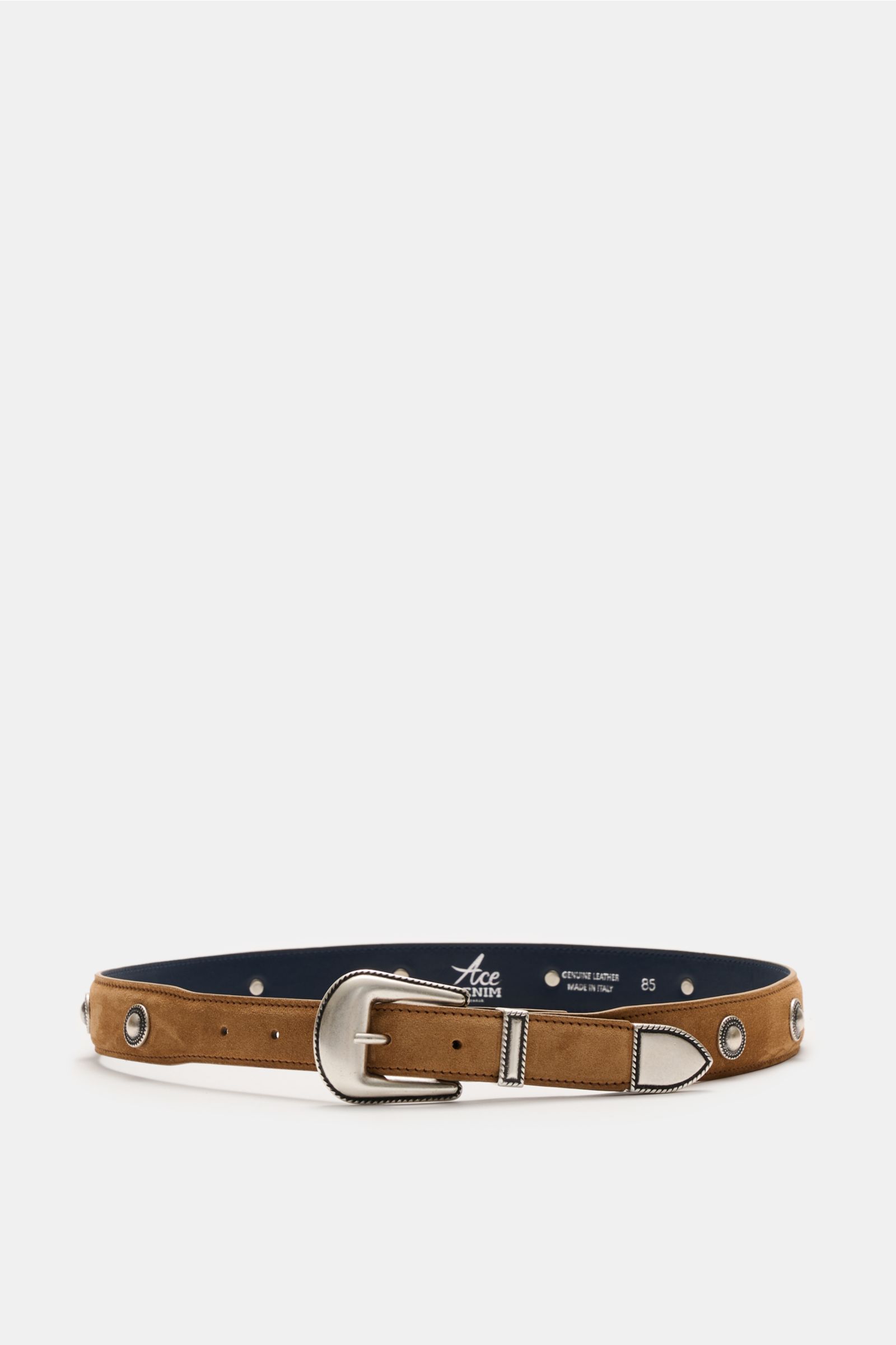 Ace Denim Veloursleder Gürtel 'Cowboy Belt' hellbraun shown from a front angled view, featuring soft suede, silver buckle, metal keeper, decorative tip, Western-style conchos, 2.5 cm wide, Made in Italy.