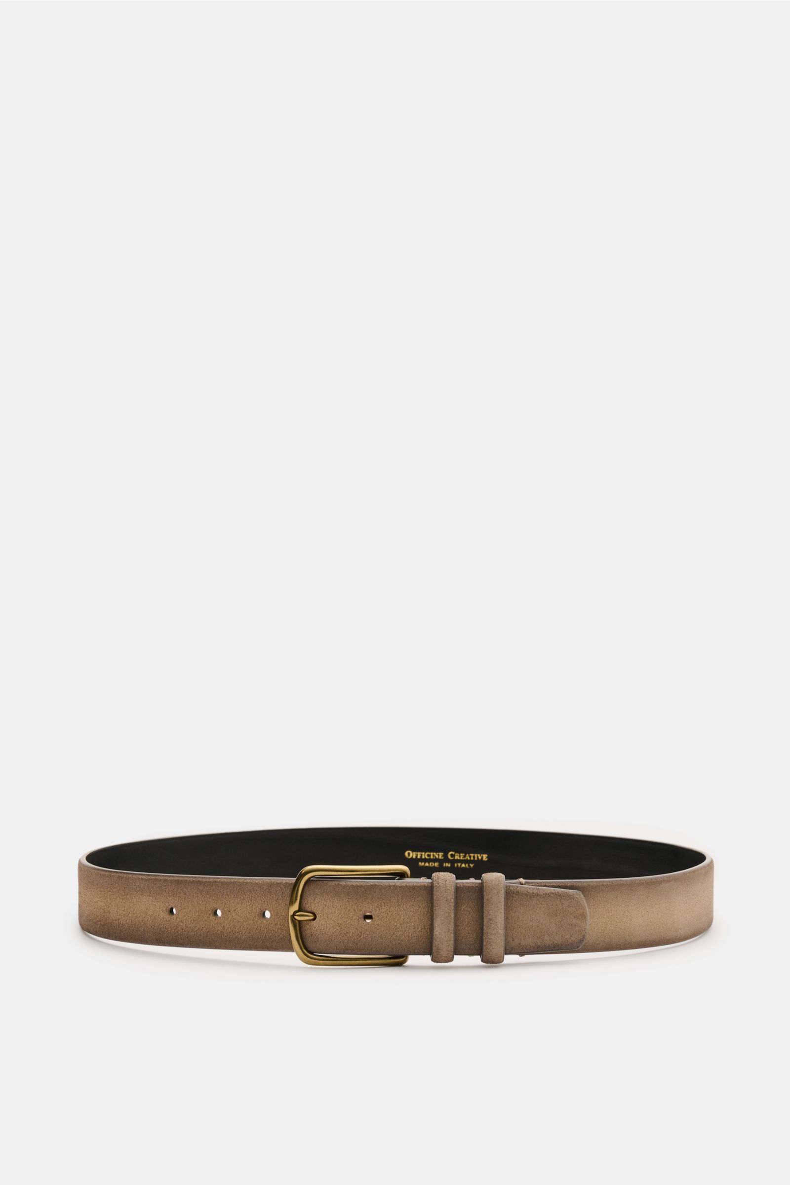 Officine Creative Gürtel taupe shown from front view, featuring elegant taupe suede leather, brass pin buckle, two loops, 3 cm width, Made in Italy. Stilvoller Klassiker: Mit seinem zeitlosen Design wird der Veloursledergürtel von OFFICINE CREATIVE zum el
