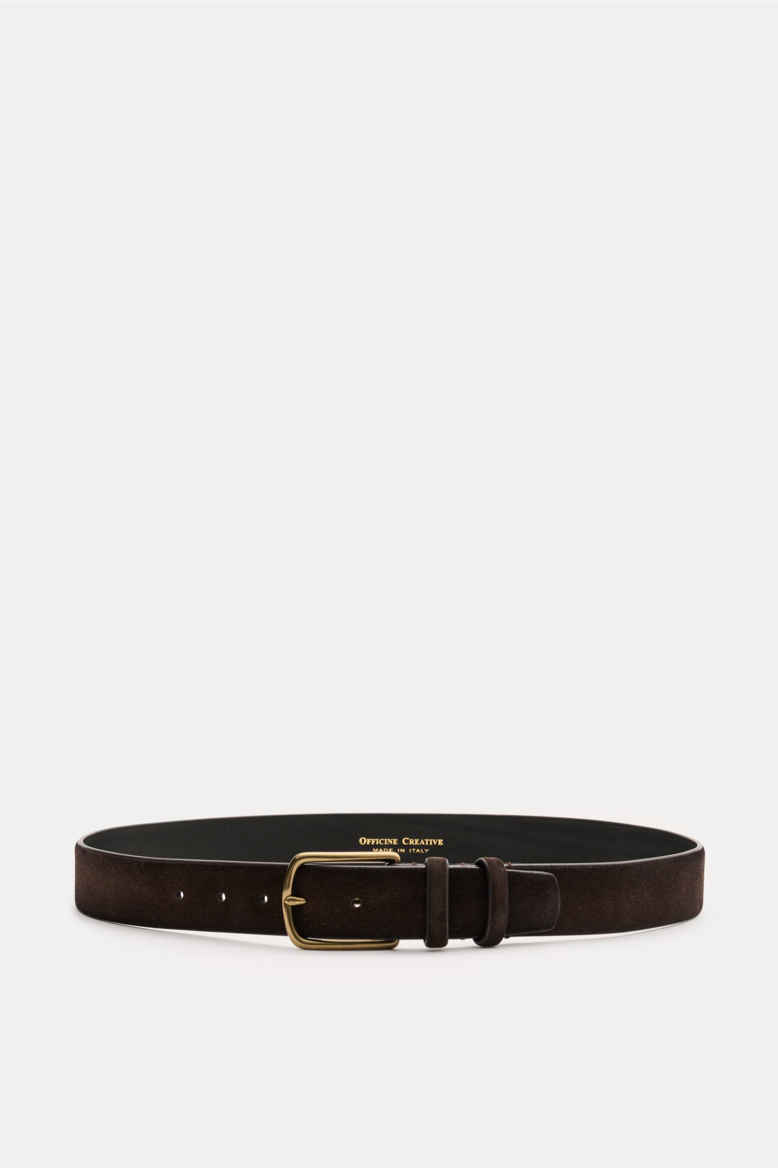 Front view of Officine Creative Gürtel dunkelbraun, a dark brown suede belt with a smooth texture, brass prong buckle, two loops, 3 cm wide, Made in Italy, a stylish classic for elegant outfits.