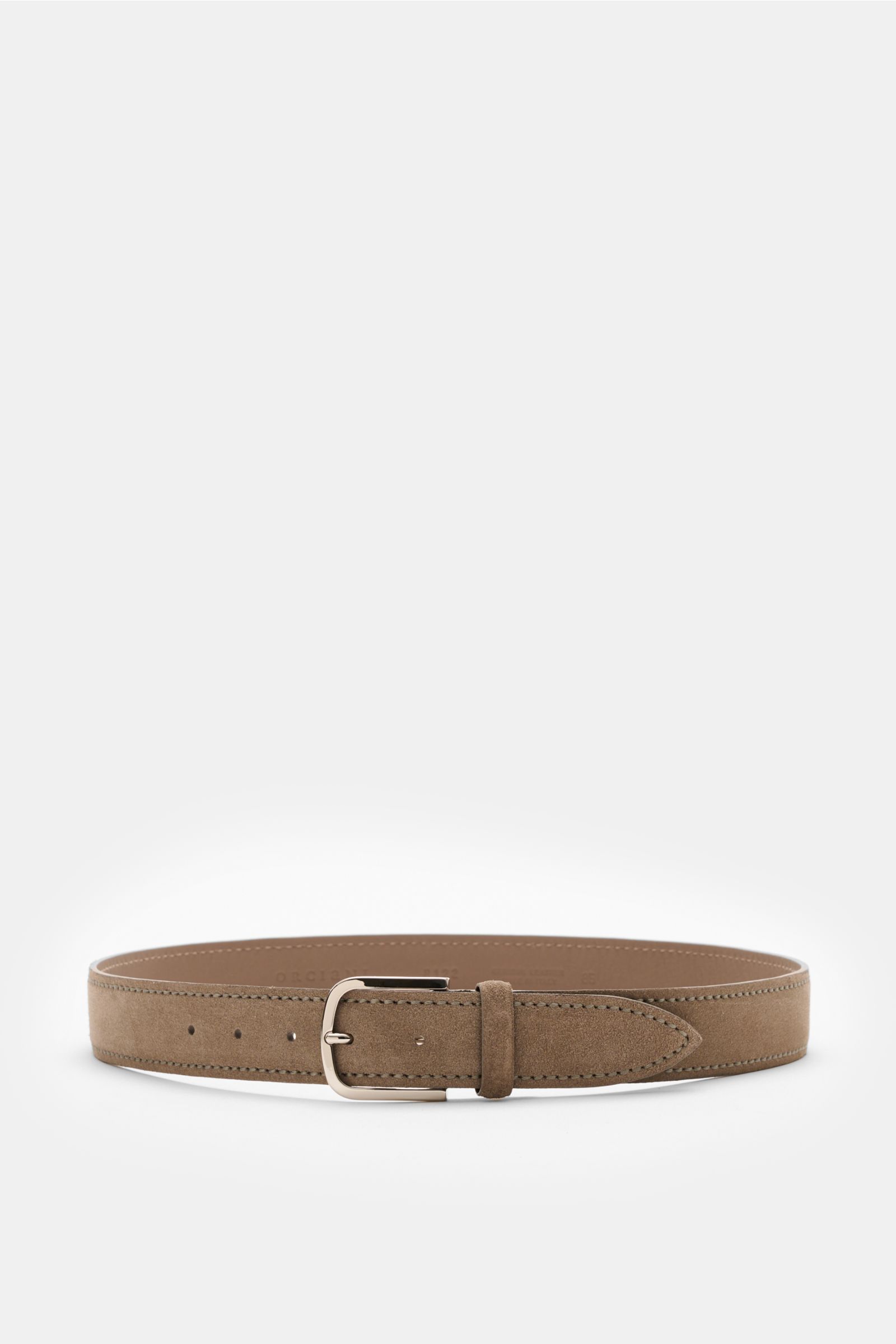 Orciani Veloursledergürtel taupe, frontal fotografiert, feines Veloursleder, Dornschließe aus Messing, Durchzugsschlaufe, ca. 3,5 cm breit, Made in Italy.