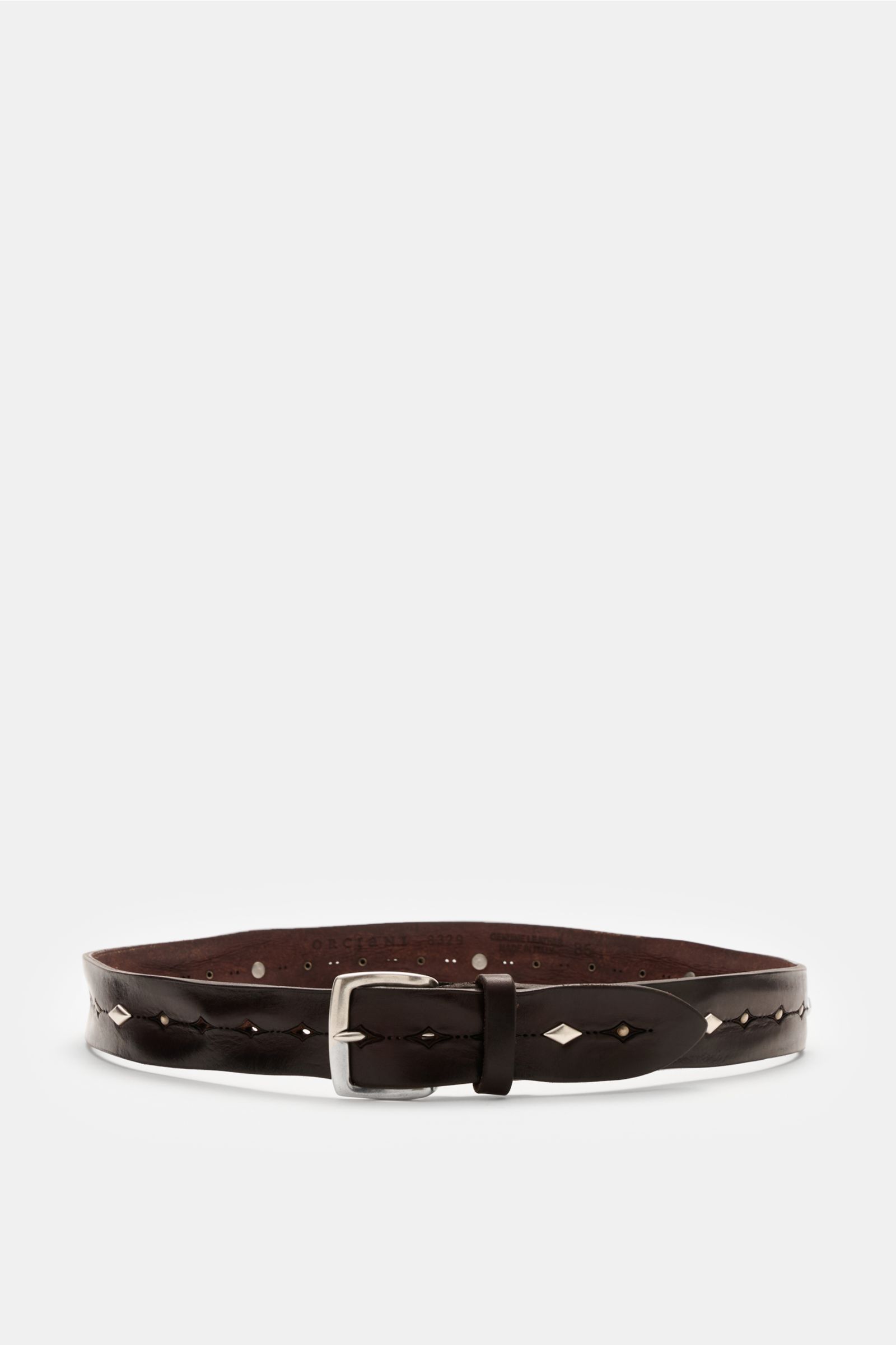 Front view of Orciani Gürtel dunkelbraun, a dark brown leather belt with vintage finish, brass buckle, studded design, approx. 3.5 cm wide, made in Italy. Luxuriöser Eyecatcher im vintage Look: Der Nietengürtel von ORCIANI aus edlem Leder wird mit seinem 