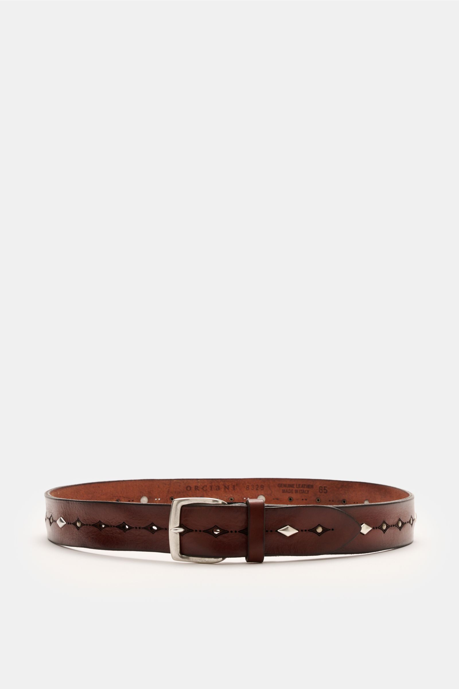 Orciani Gürtel braun shown from the front, a luxurious vintage-look studded belt in fine cowhide leather with brass buckle, 3.5 cm wide, made in Italy.