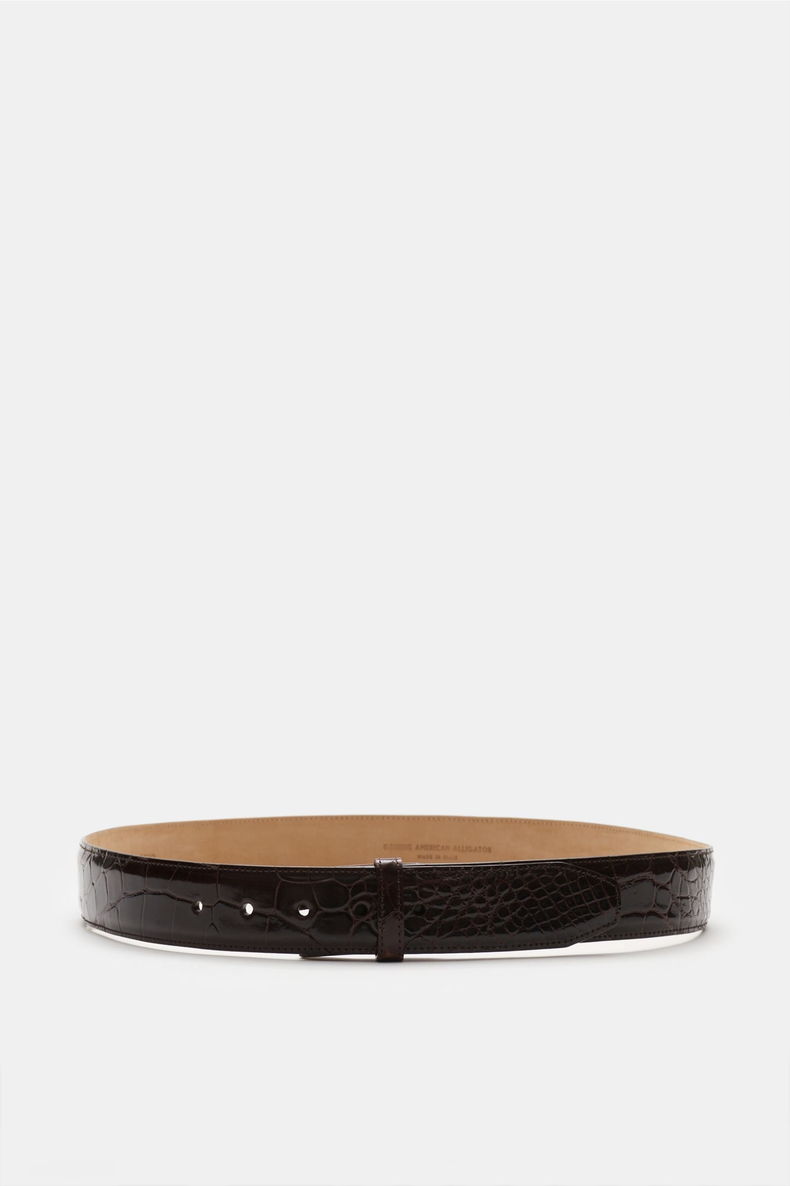 Alligator leather belt without buckle dark brown
