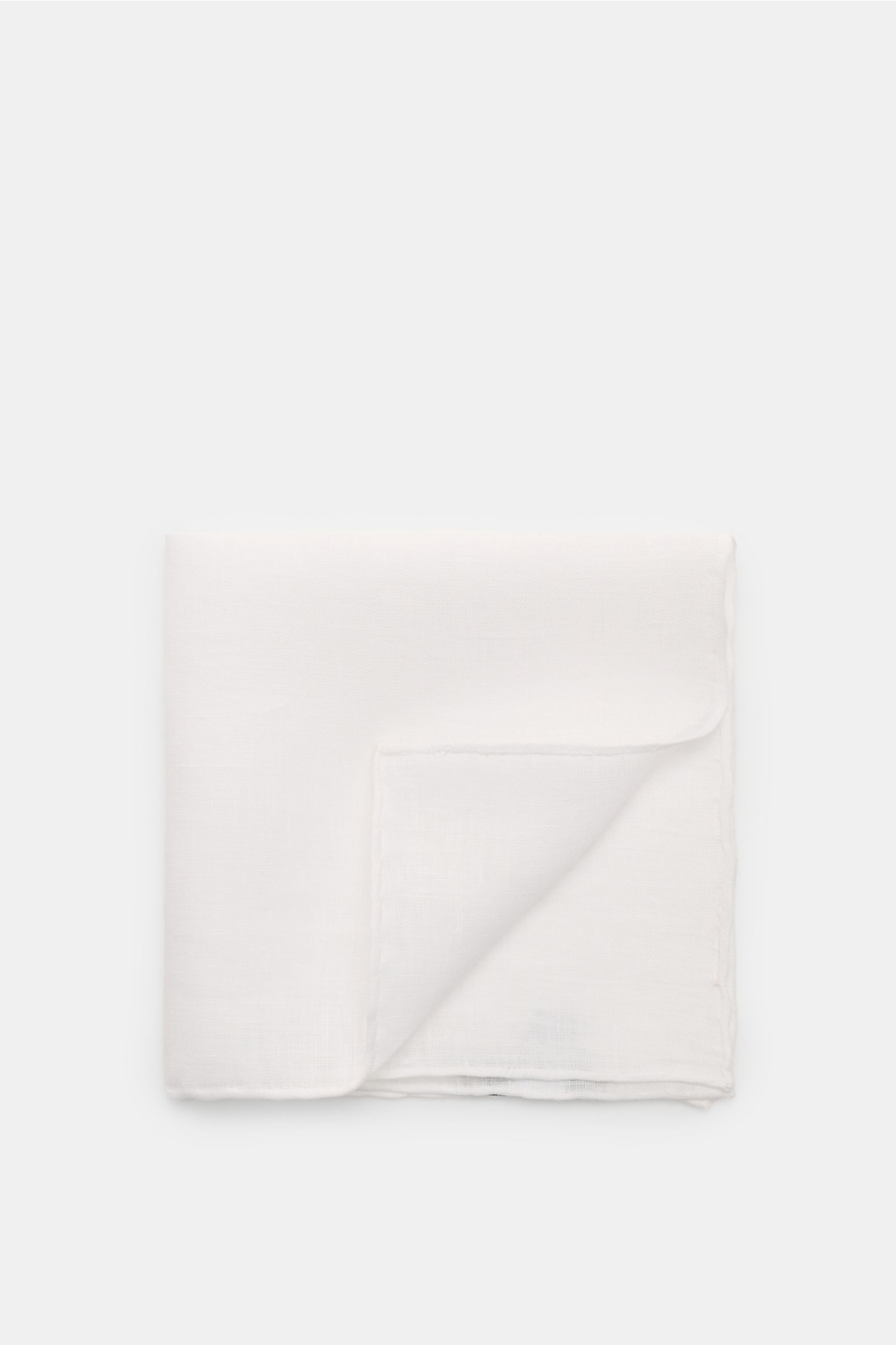 Rosi Collection Einstecktuch 'One' weiß aus reinem Leinen mit rollierten Kanten, flach liegend von oben fotografiert, Maße ca. 31x31 cm, Made in Italy.