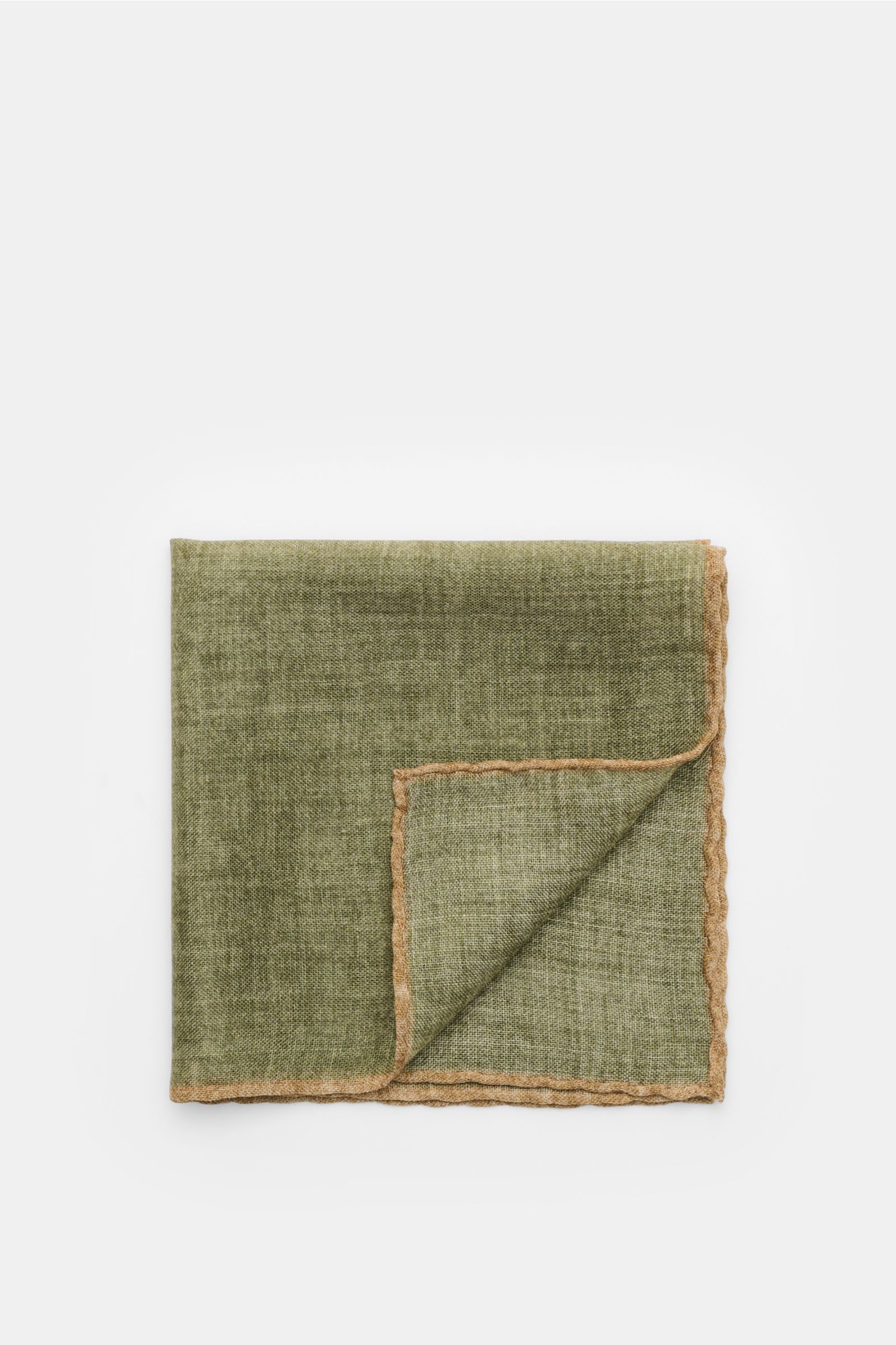 Rosi Collection Einstecktuch oliv/beige, quadratisch, aus reiner Wolle, handrollierte Kanten in Kontrastfarbe, weicher Griff, Made in Italy, ca. 30x30 cm, Draufsicht.