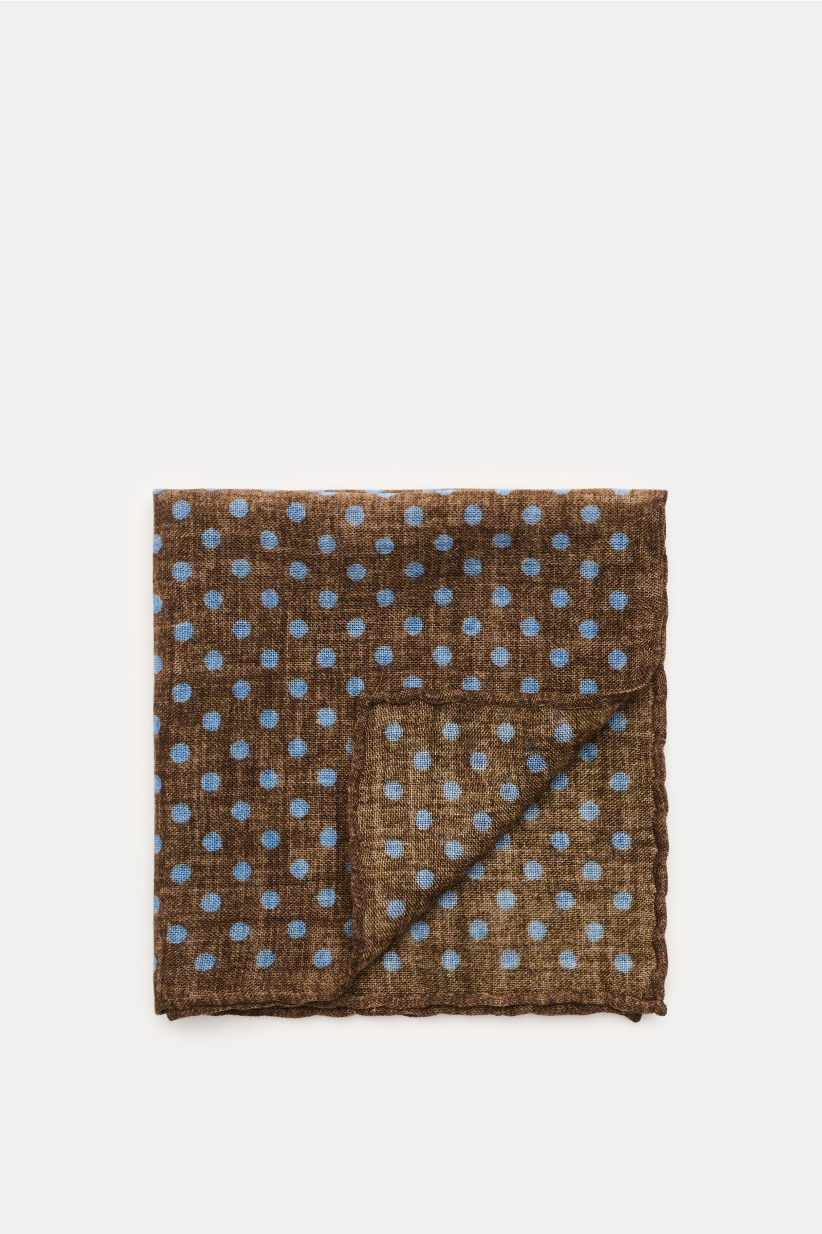 Rosi Collection Einstecktuch braun/rauchblau gepunktet, reine Wolle, weicher Griff, grafisches Punktmuster, handrollierte Kanten, Made in Italy, ca. 29x29 cm, Draufsicht.