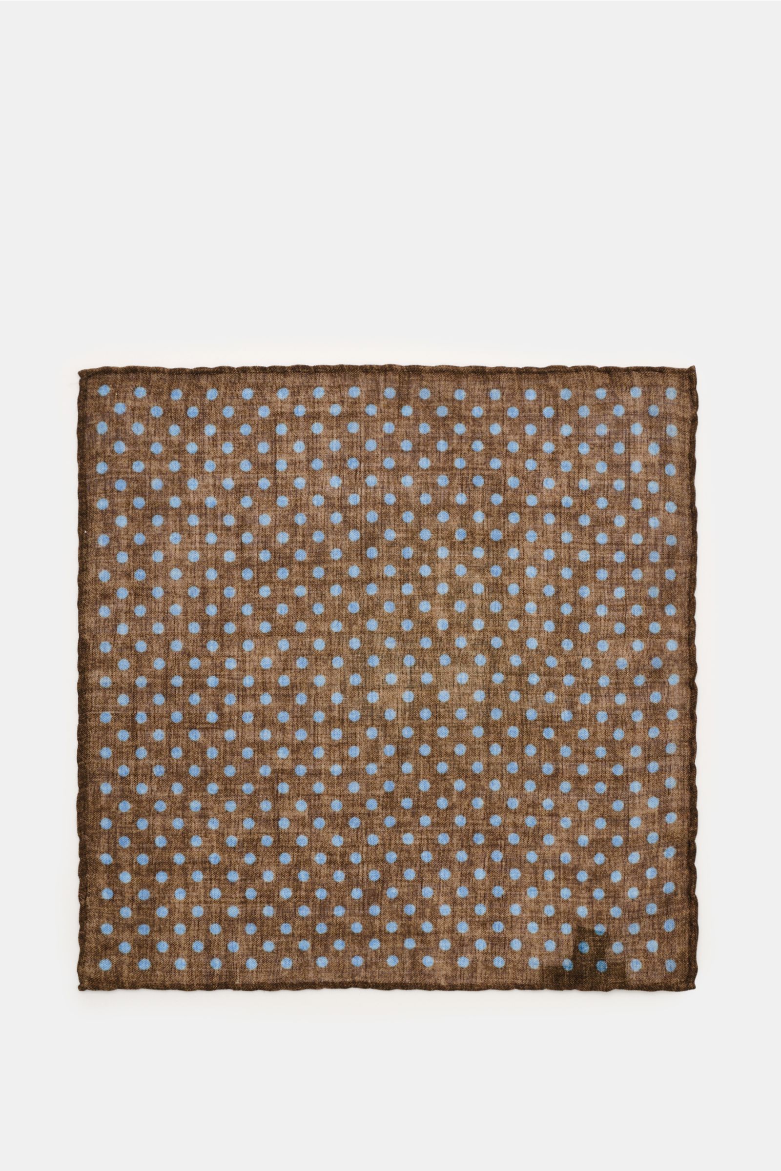 Rosi Collection Einstecktuch braun/rauchblau gepunktet, reine Wolle, weicher Griff, grafisches Punktmuster, handrollierte Kanten, Made in Italy, ca. 29x29 cm, flach von oben fotografiert.