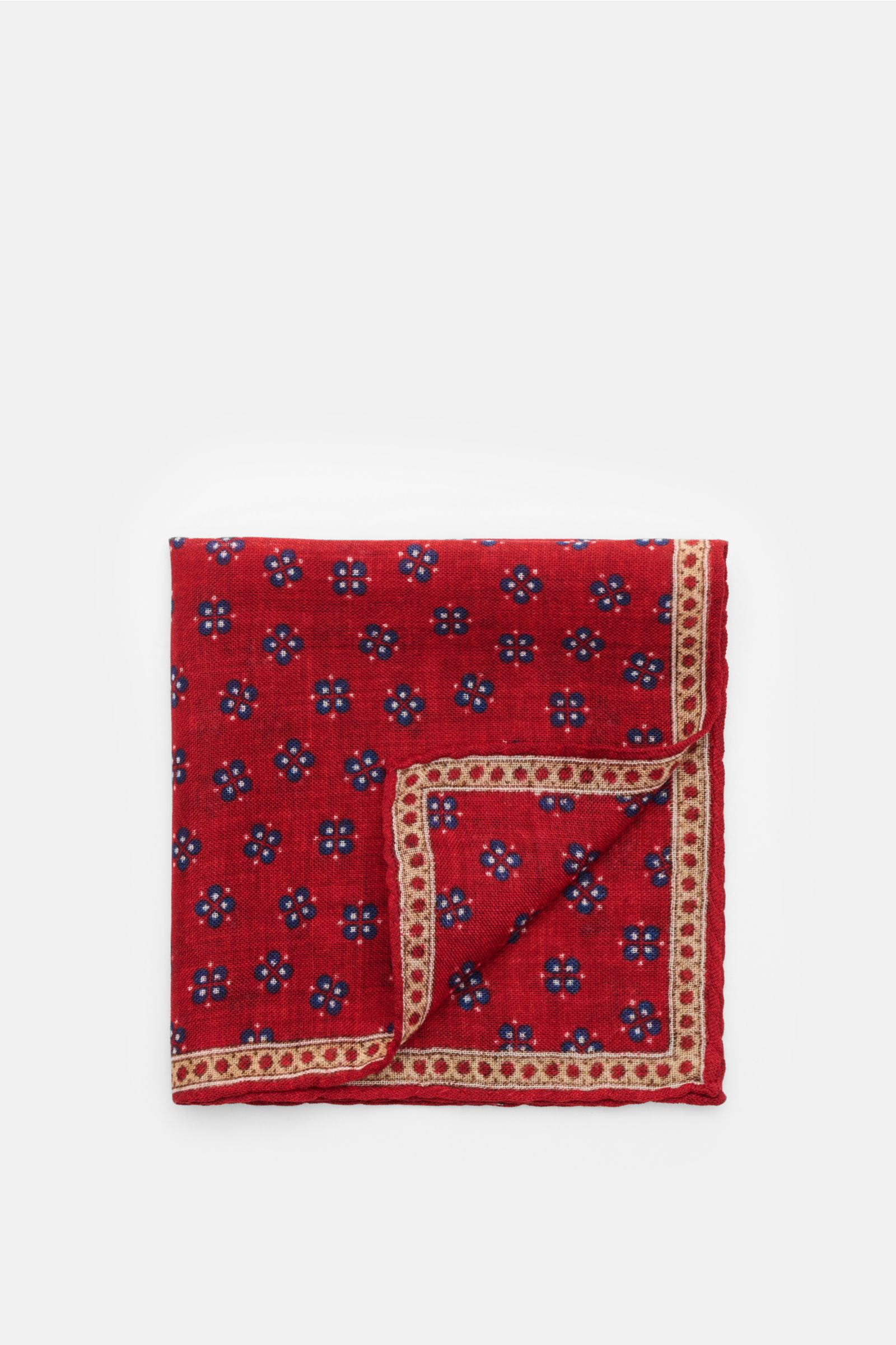 Rosi Collection Einstecktuch 'Ted' rot meliert/dunkelblau/beige gemustert, floraler Print, reine Wolle, rollierte Kanten, frontal fotografiert.