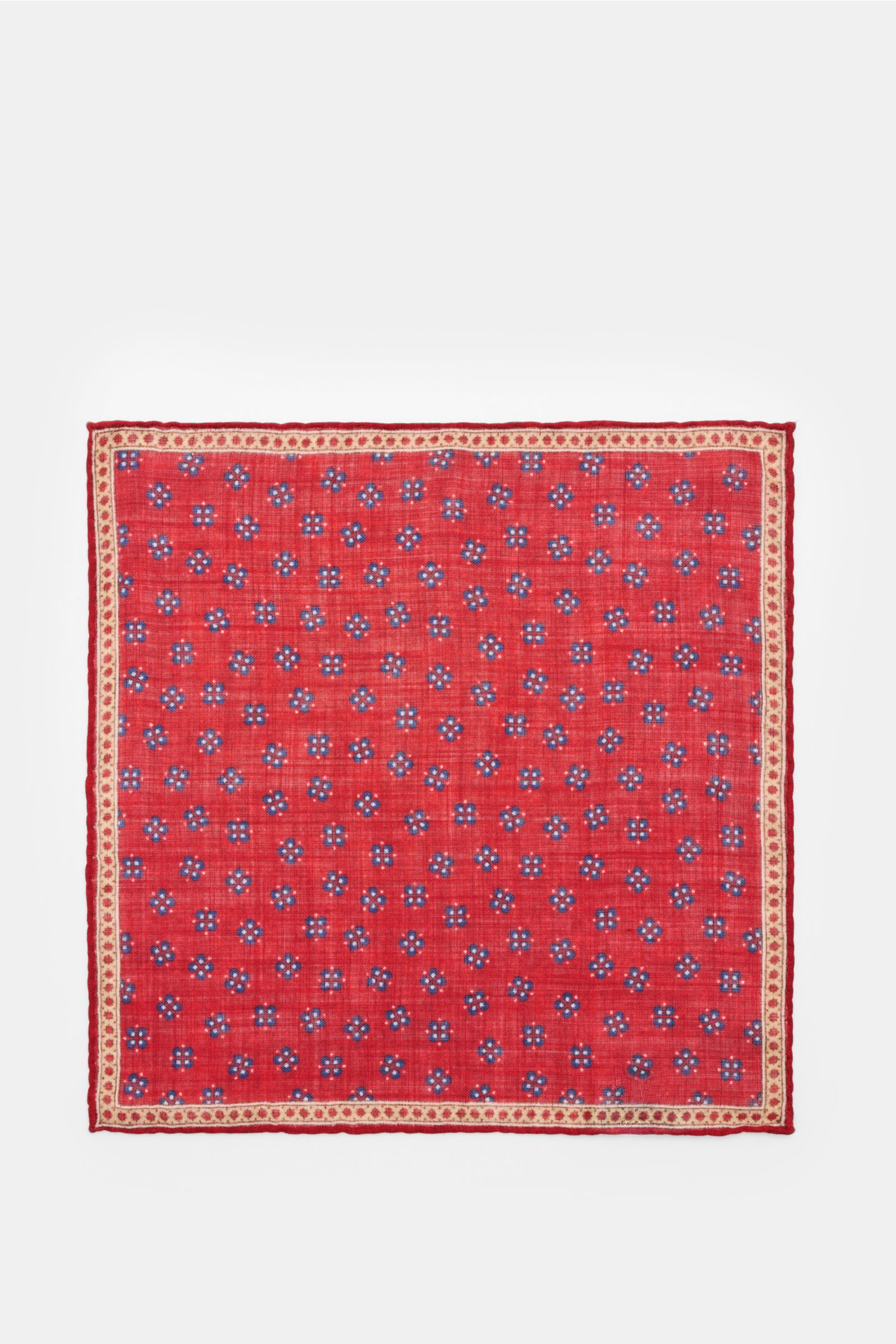 Rosi Collection Einstecktuch 'Ted' rot meliert/dunkelblau/beige gemustert, floraler Print mit Borte, reine Wolle, rollierte Kanten, flach fotografiert, ca. 30x30 cm, Made in Italy.