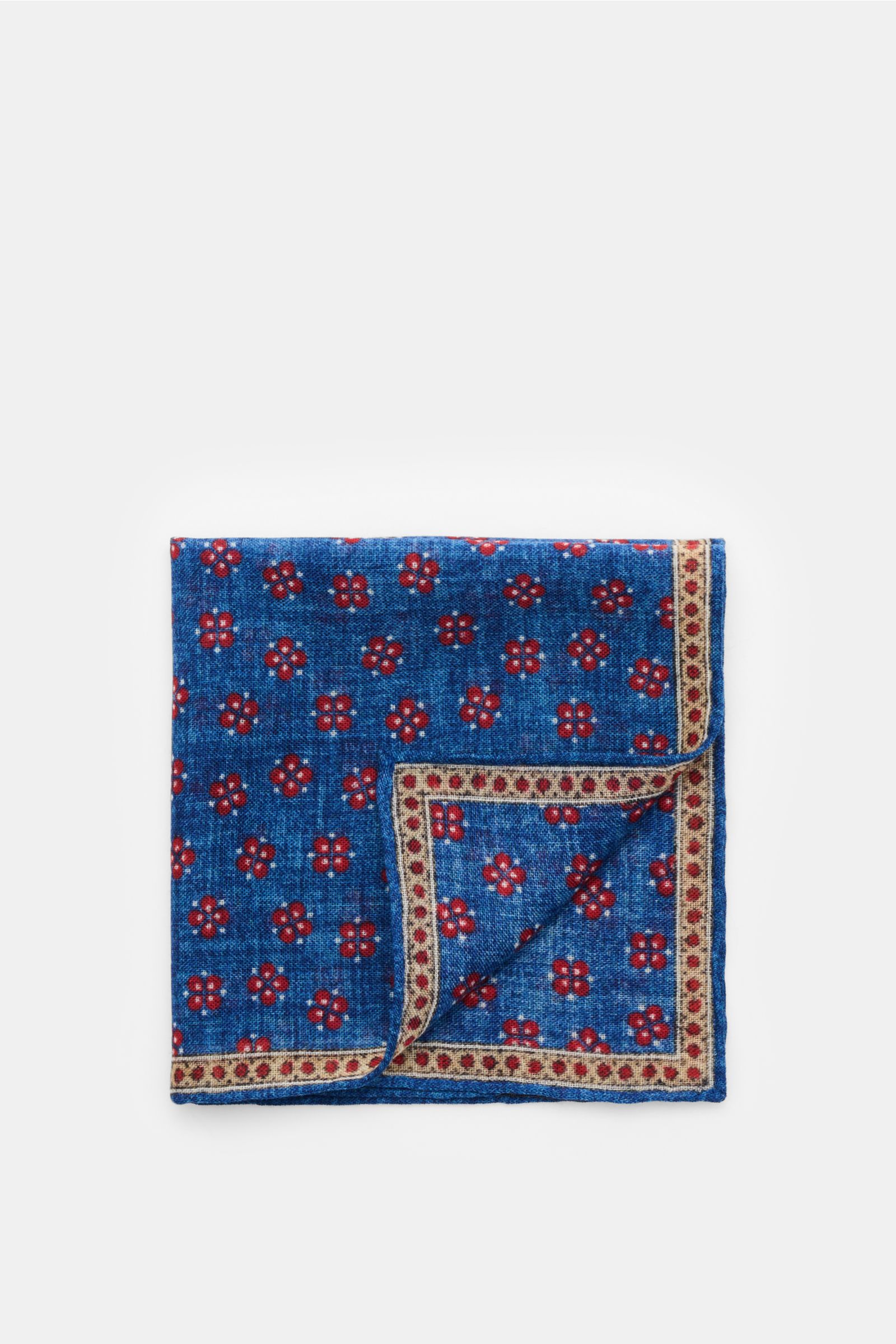 Rosi Collection Pocket square 'Ted' blue mottled/red/beige patterned, folded flat with a corner lifted, showing floral print, rolled edges. Elegant and eye-catching: With its floral pattern, this pocket square in pure wool by ROSI COLLECTION is a high-qua