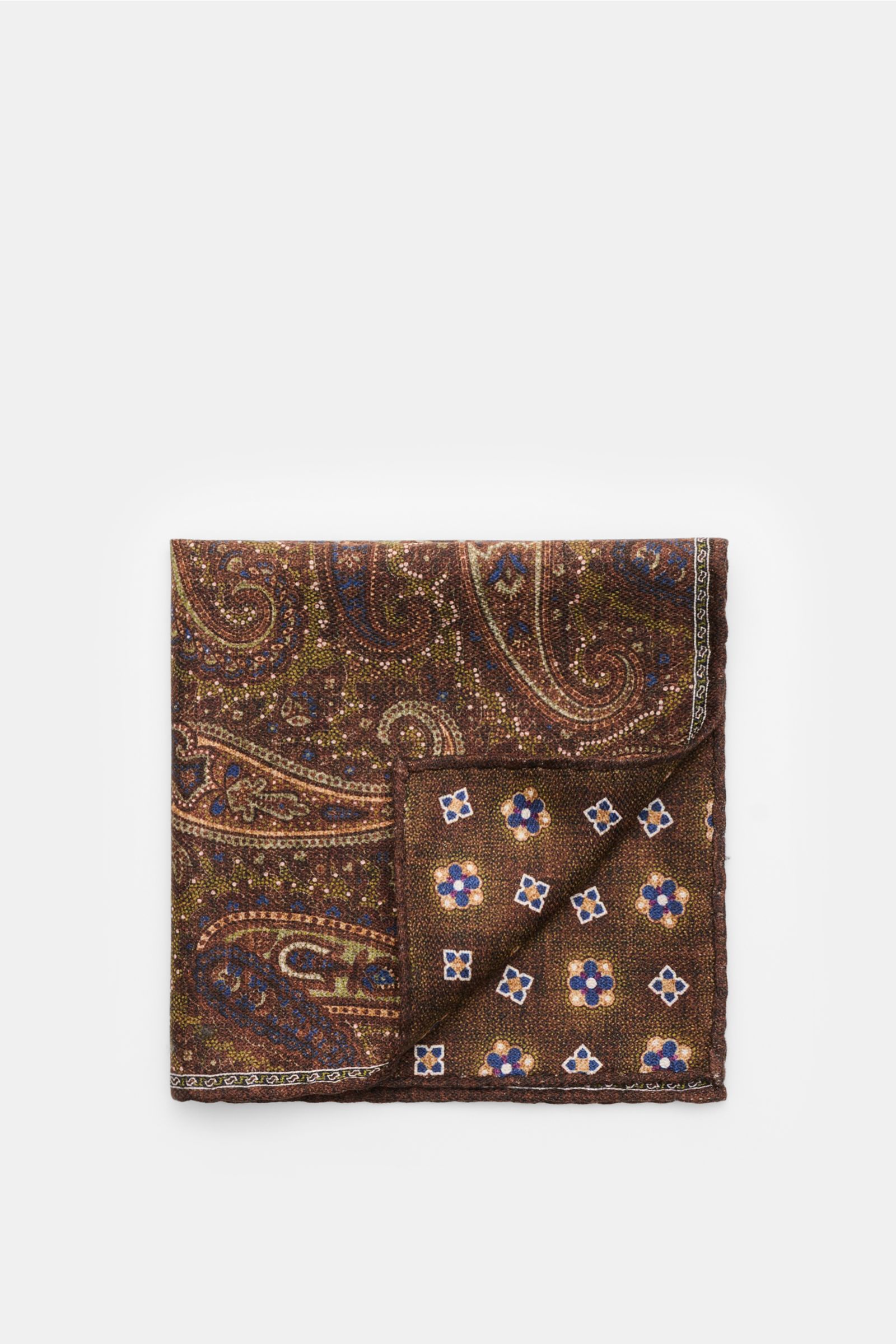 Rosi Collection Silk pocket square 'Easy' dark brown/olive/blue patterned, shown from top view, pure silk, soft smooth touch, paisley pattern with edging, medallion pattern on back, hand-rolled edges, made in Italy, dimensions 31 cm x 31 cm.