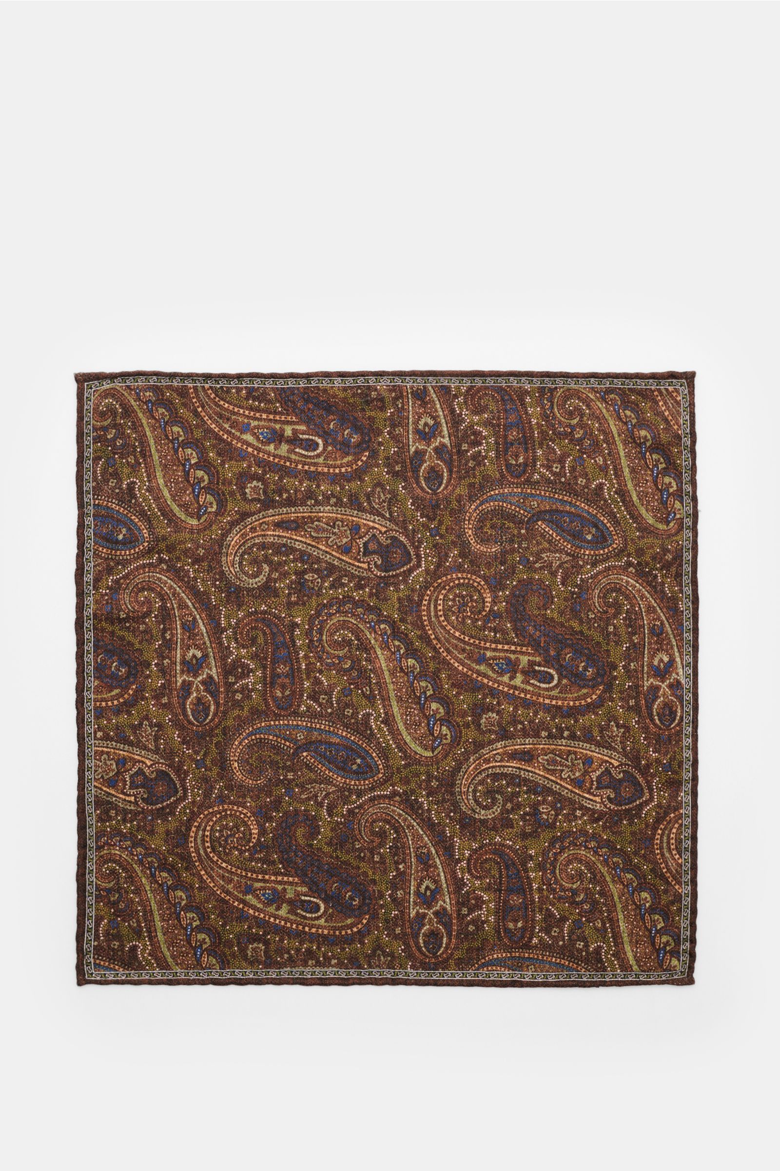 Rosi Collection Silk pocket square 'Easy' dark brown/olive/blue patterned, top view, pure silk, soft smooth touch, paisley with edging, medallion back, hand-rolled edges, made in Italy, 31x31 cm.